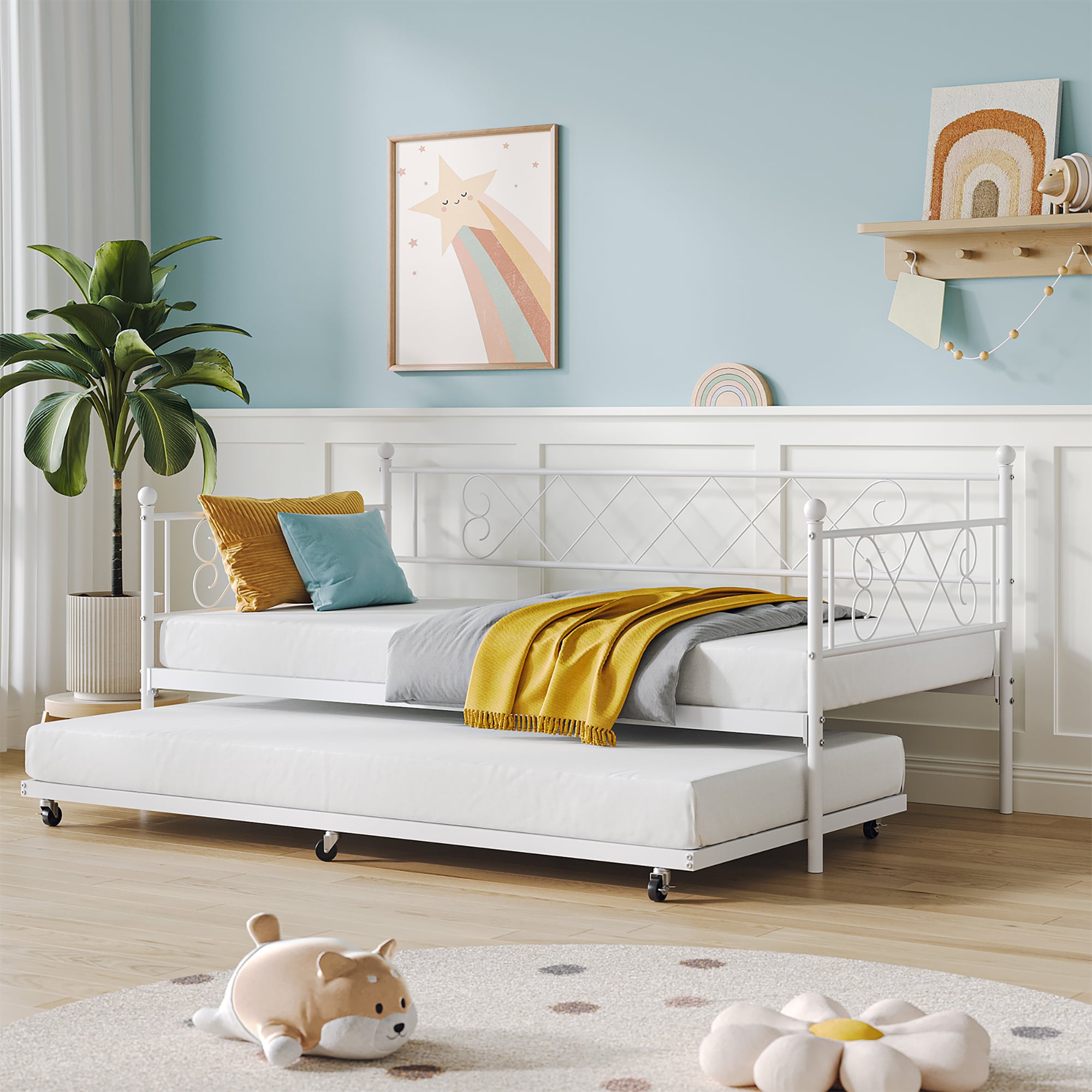 Assile Twin White Metal Daybed Sofa Bed with Heart Scroll Decorative Frame Space Saving Guest Bed for Bedroom Living Room Apartment