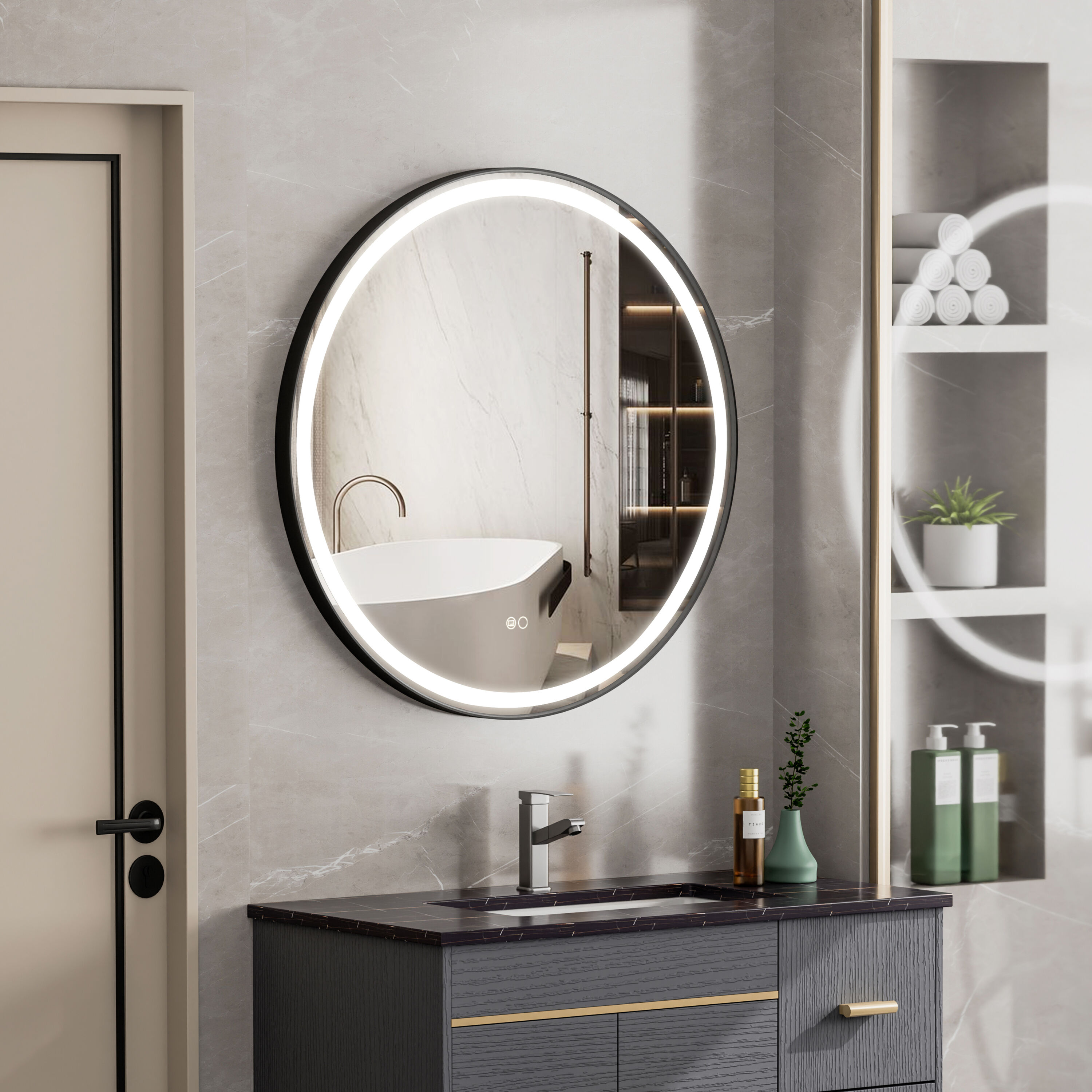 CALVON RC9-3232MB Bathroom mirror 32-in x 32-in Framed Round Dimmable LED Lighted Fog Free Bathroom Vanity Mirror ( Black )