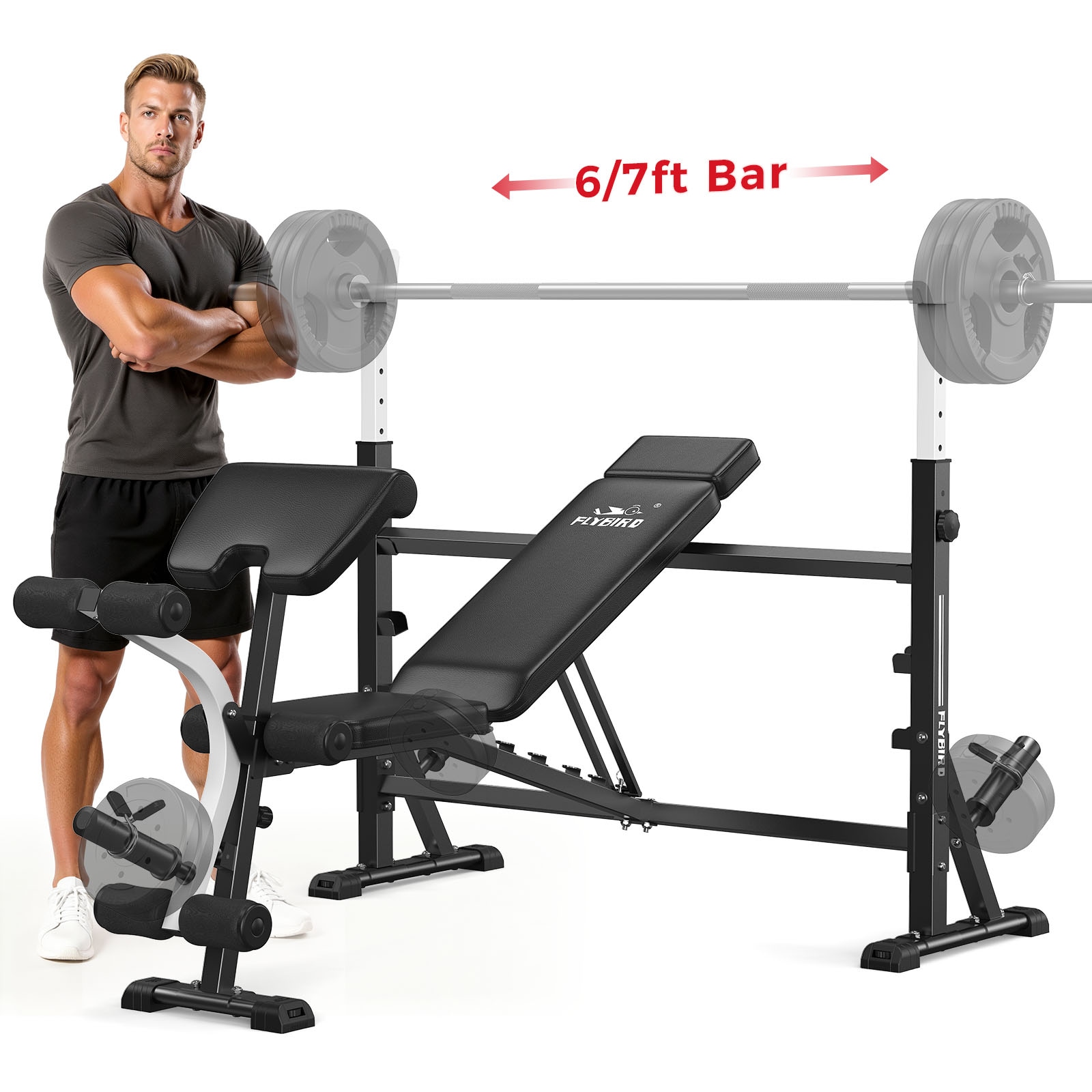FED Fitness FLYBIRD Olympic 47 Inch Wide Adjustable Weight Bench with Bench Press Rack Leg Extension and Leg Curl 2350 LBS Capacity Multi-Function Heavy Duty Workout Bench for Home Gym Traning