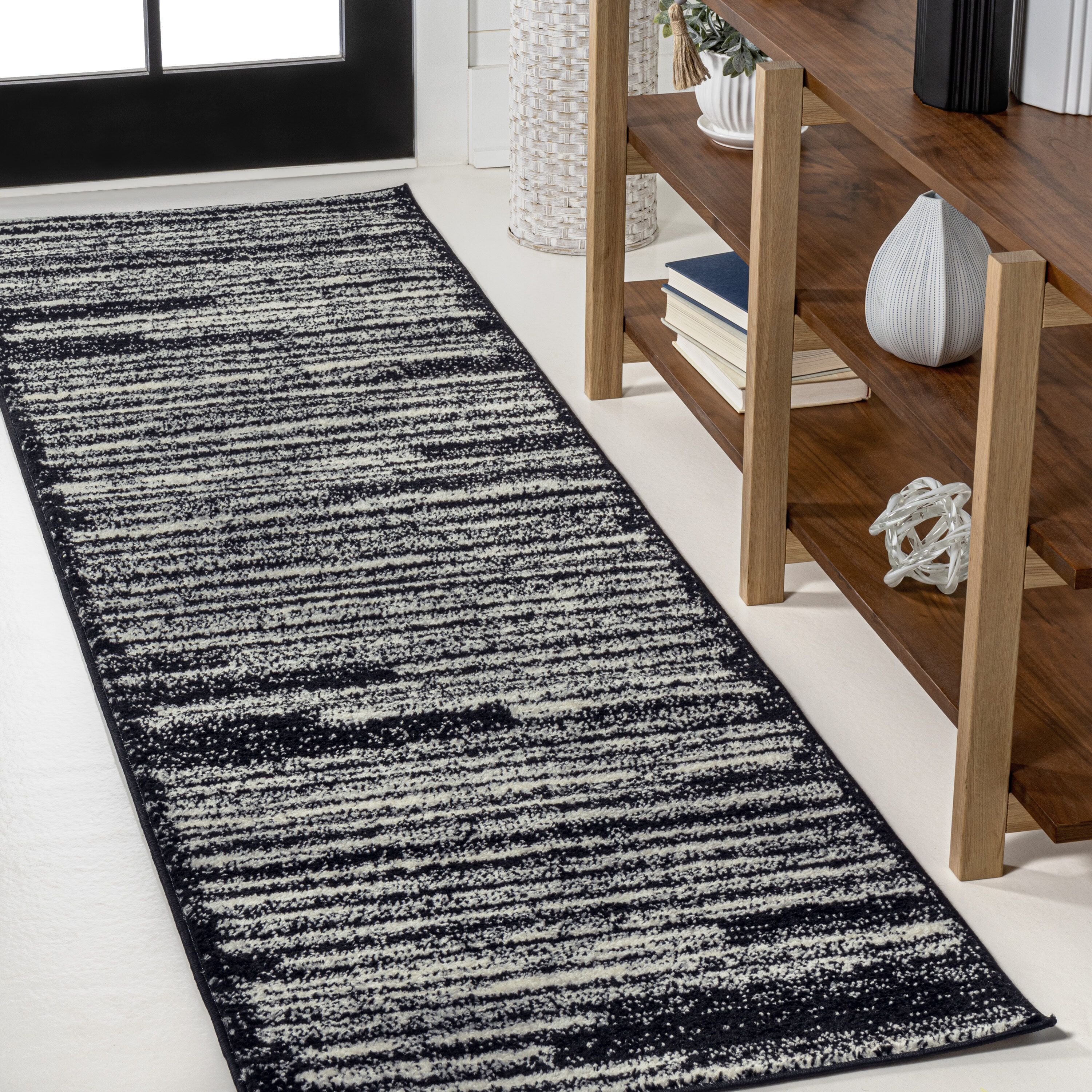 JONATHAN  Y MOH207F-28 Moroccan HYPE Khalil 2 x 8 (ft) Loomed Polypropylene Black/Cream Rectangular Indoor Stripe Mid-Century Modern Runner rug