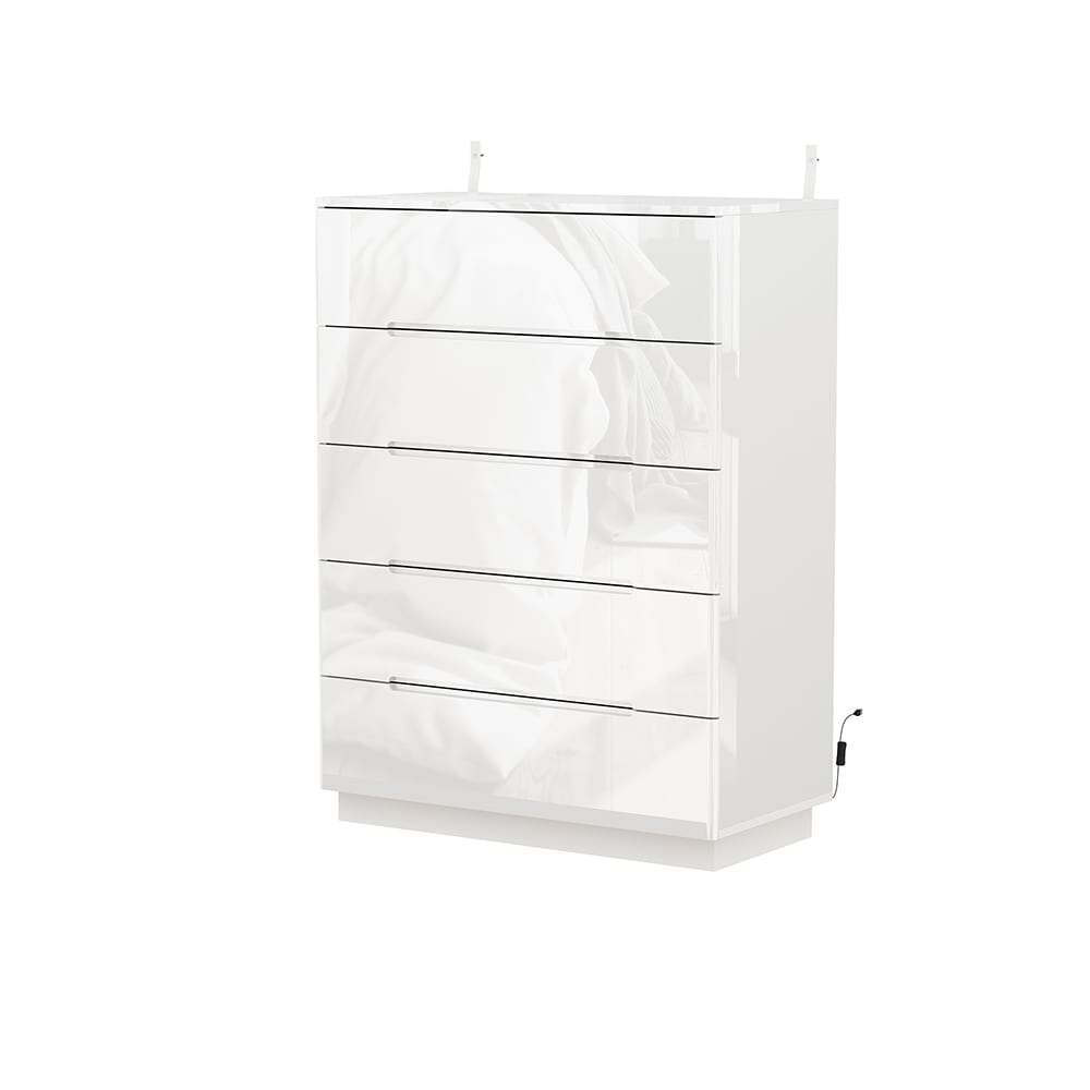  V-KF020327-01 High Gloss White Dresser with LED Light Five Drawer Storage Cabinet with Curved Corners and Handle Free Design