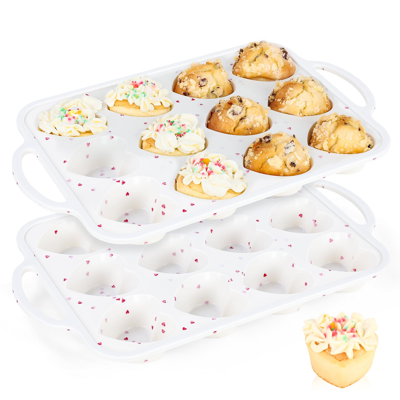 DHMHD  Silicone Heart Shaped Muffin Pan with Metal Reinforced Frame 2 Pack Cupcake Mold for Baking Chocolate Bar and Egg Bites Dishwasher Safe