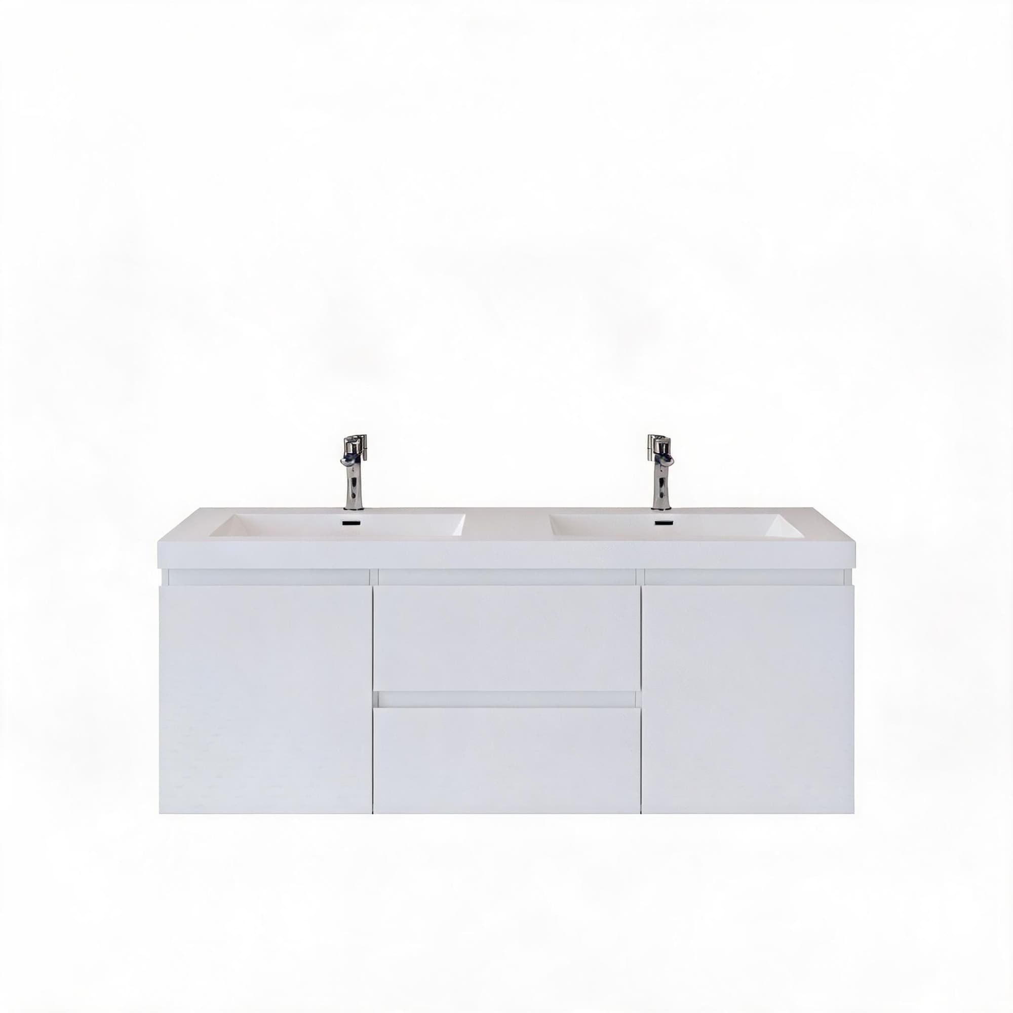 LIVACA 60 inch Glossy White Wood Floating Bathroom Vanity with Solid Surface Top Basin and Two Soft Close Drawers