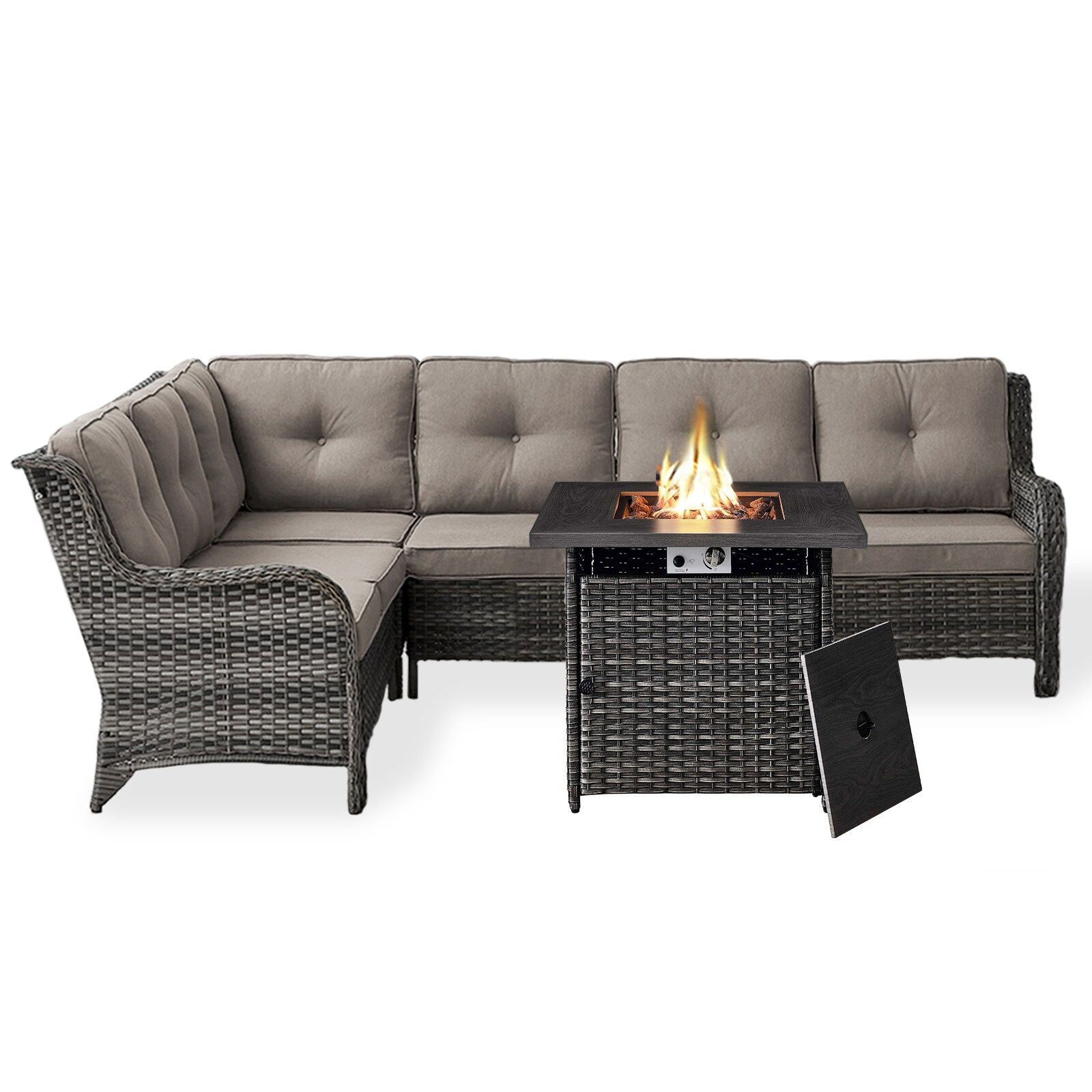 Rilyson FS055057059099-2 Curved armrest 5 -Piece Wicker Patio Conversation Set with Gray Cushions