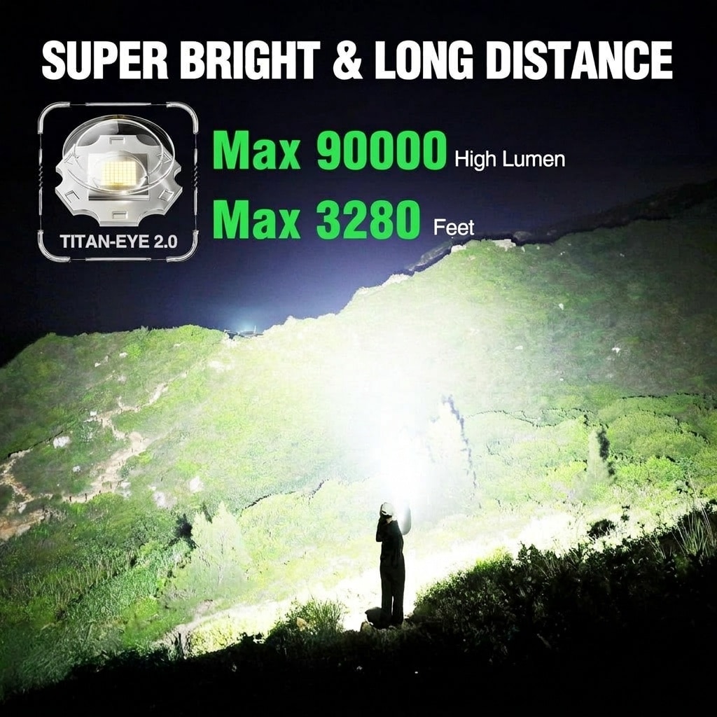 90000 lumen flashlight rechargeable AOIZGMY High Lumen Rechargeable LED Flashlight 90000 Lumens 5 Modes LCD Display USB C Charging 10000mAh IP67 Waterproof 10 Inch 1 Piece one_size
