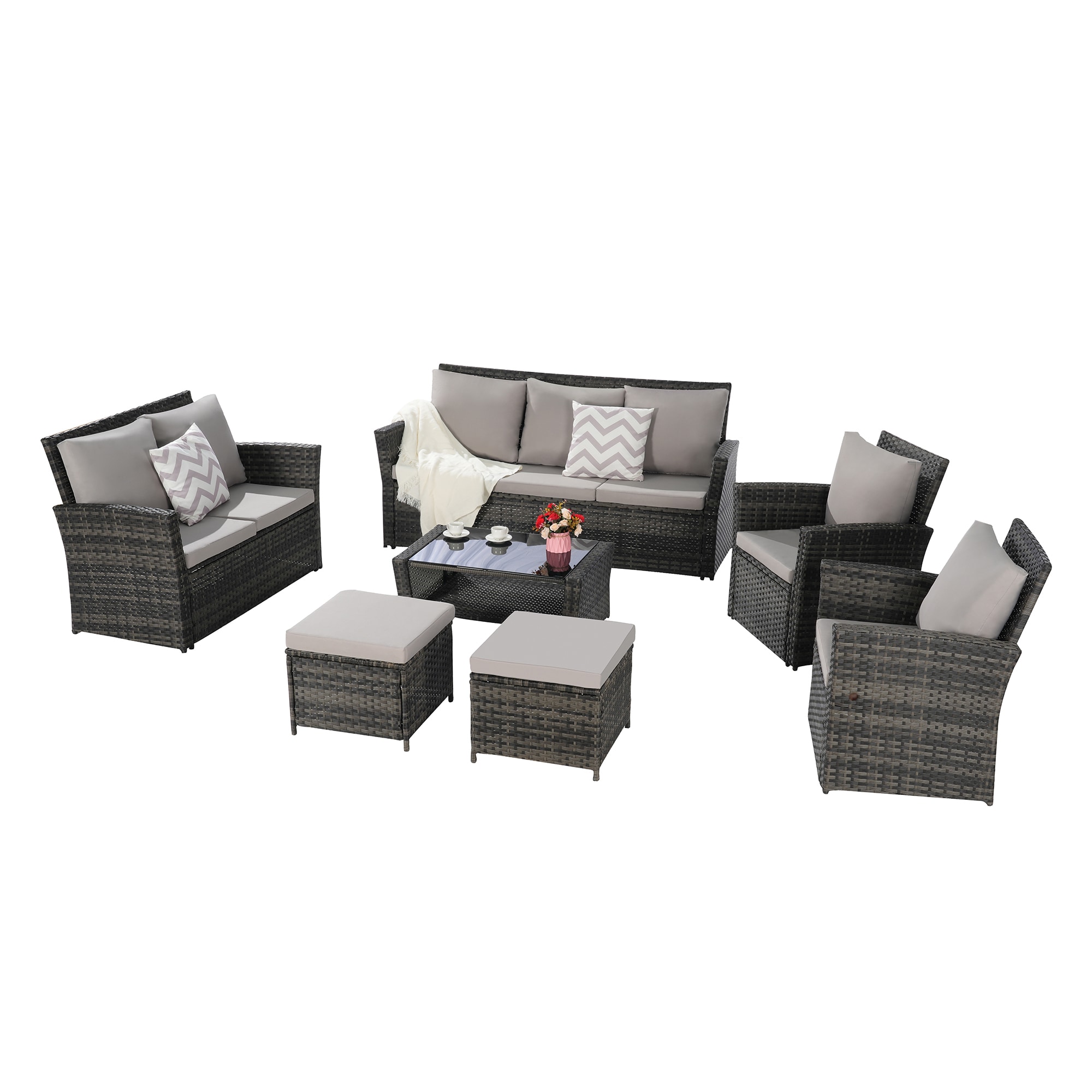 SINOFURN SYB830001BK 7 -Piece Rattan Patio Sofa Conversation Set with Gray Cushions