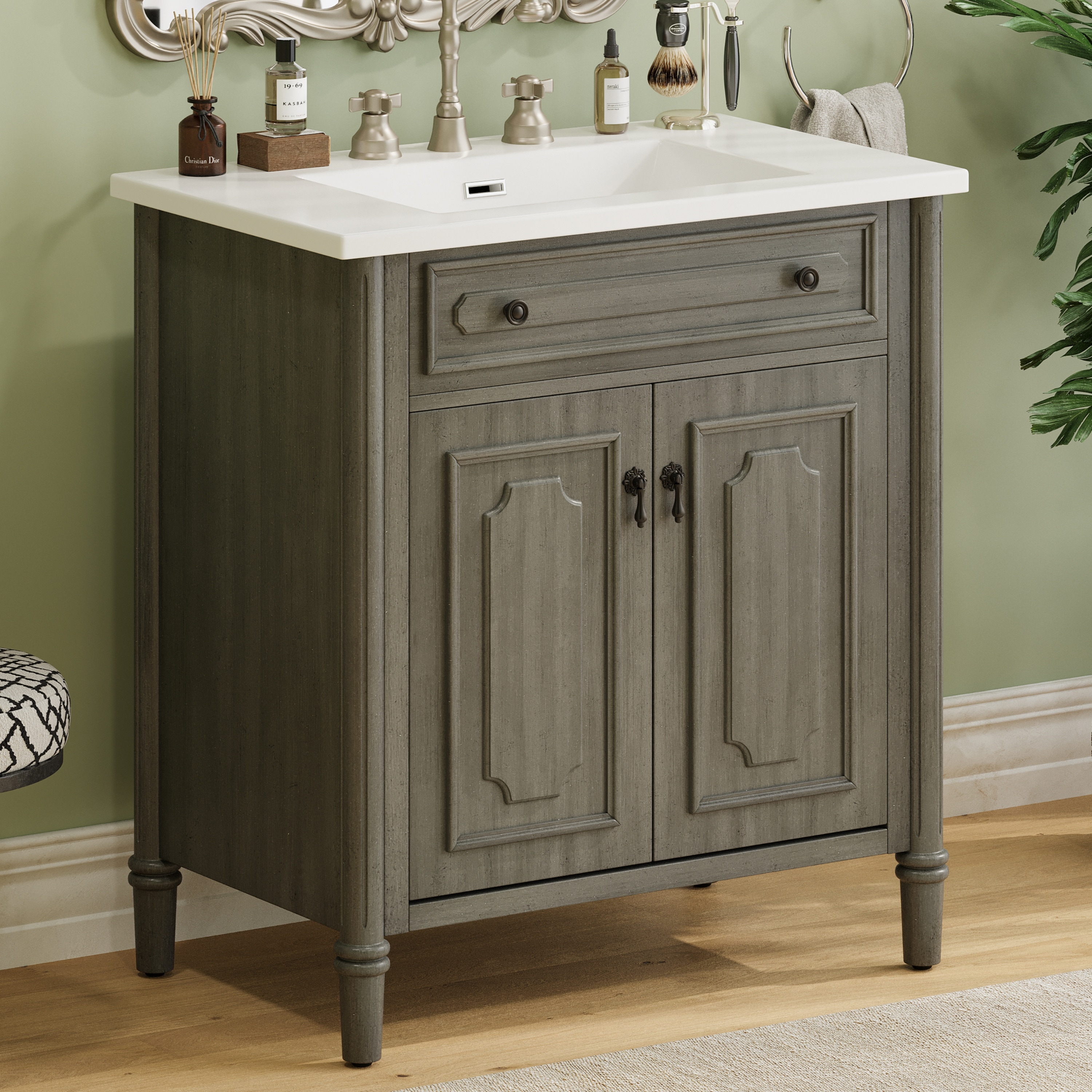 LOVMOR SF-WO-N817P299472G Vintage Bathroom Vanity with Sink Rustic Bathroom Cabinet with Soft Close Doors and Adjustable Shelf Curved Profile Design Rubber Wood Legs Gray