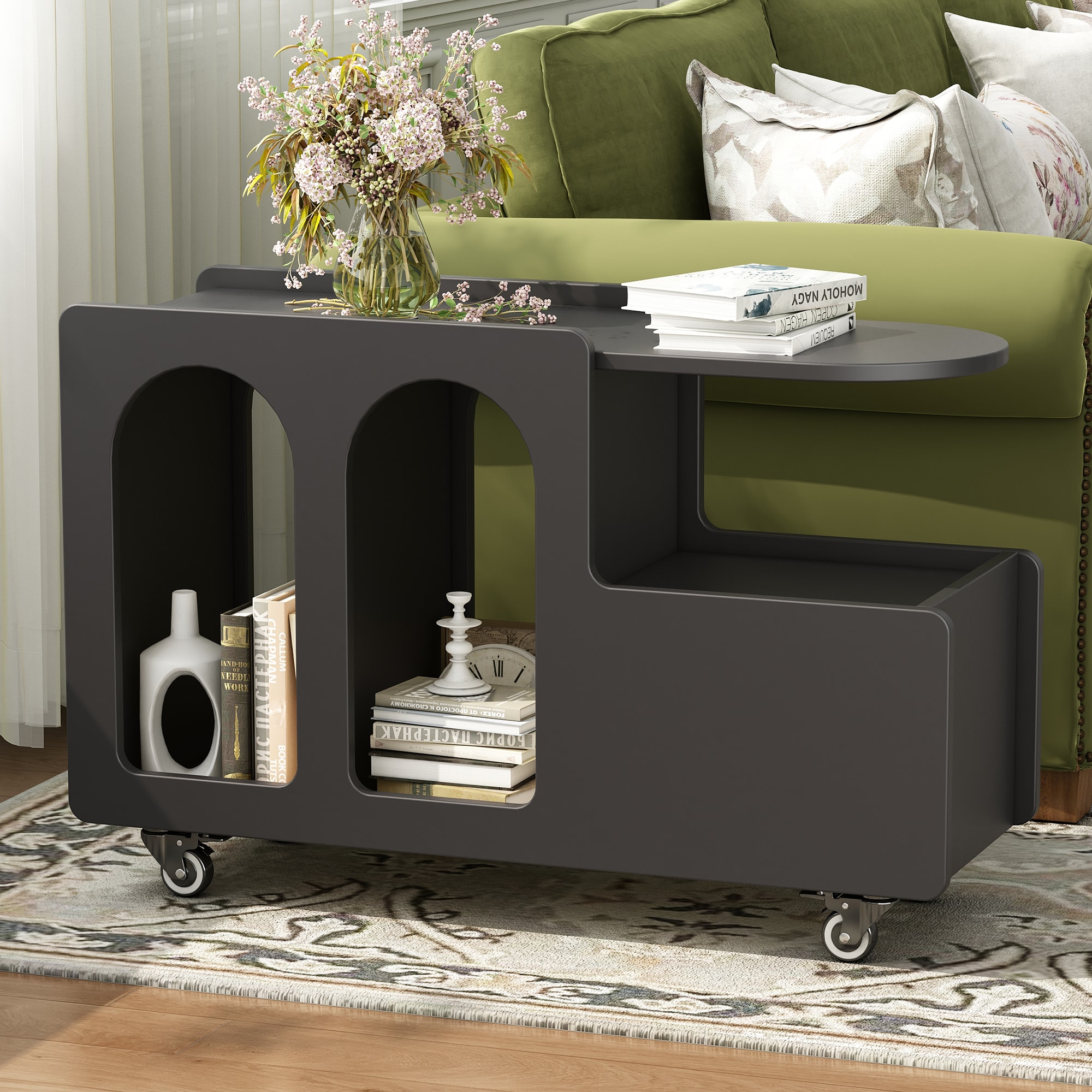 ModernLuxe N721P191983B Mobile End Table with lockable wheels Cream Style Side Table with Storage Drawer 11.8inch Narrow Nightstand with Multilayer Storage Living Room Black