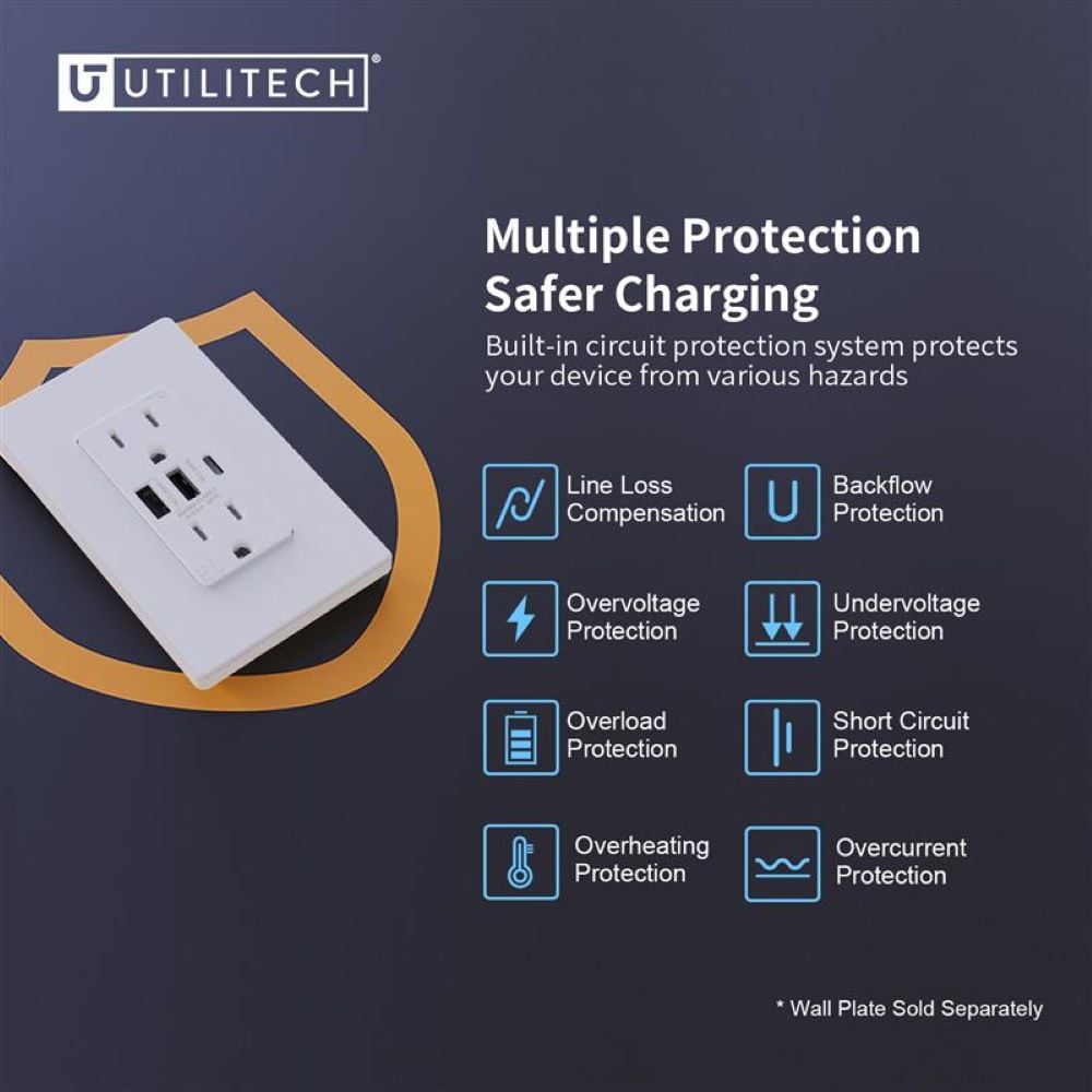 Utilitech 15-Amp 125-volt Tamper Resistant Residential Decorator USB Outlet Type A/C, White (6-Pack) R1815D60AAC-WH6 simolary.com 16 Utilitech 15-Amp 125-volt Tamper Resistant Residential Decorator USB Outlet Type A/C, White (6-Pack) R1815D60AAC-WH6 Simolary simolary.com 16