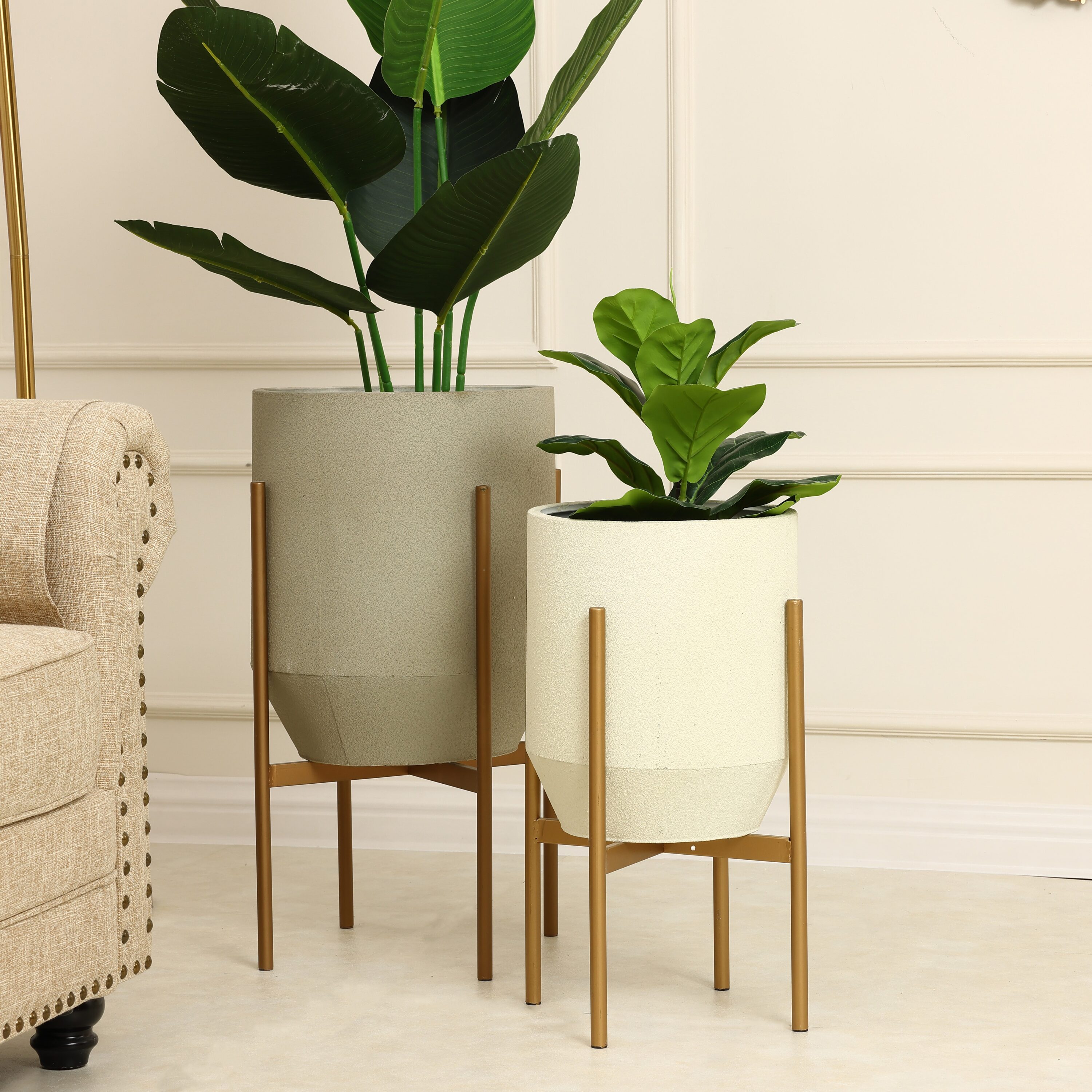 Set of 2 Gray and Off White Metal Planters with Gold Stand