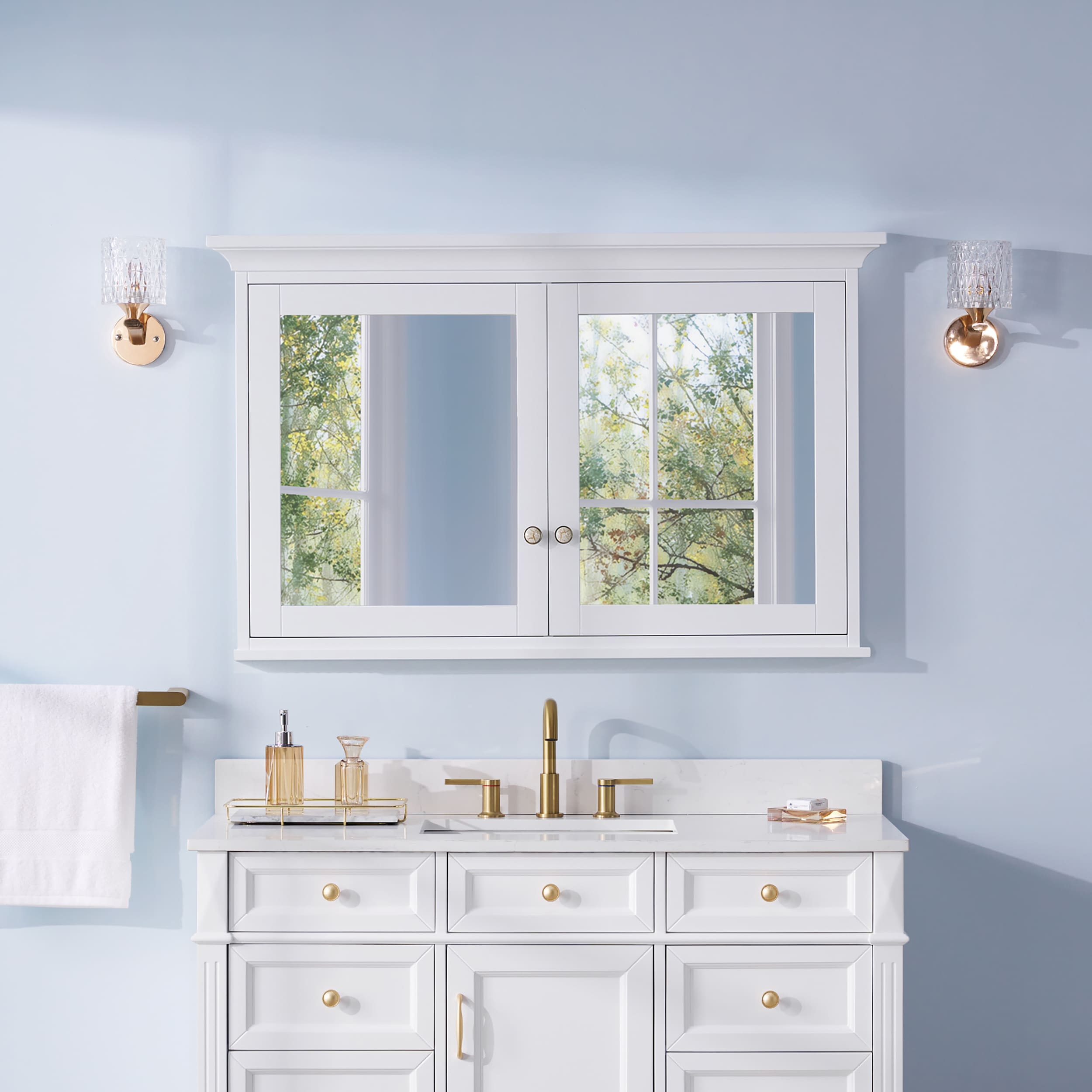 WELLFOR GRACE Solid Wood 48-in x 30-in Surface Mount White Mirrored Soft Close Medicine Cabinet with Outlet