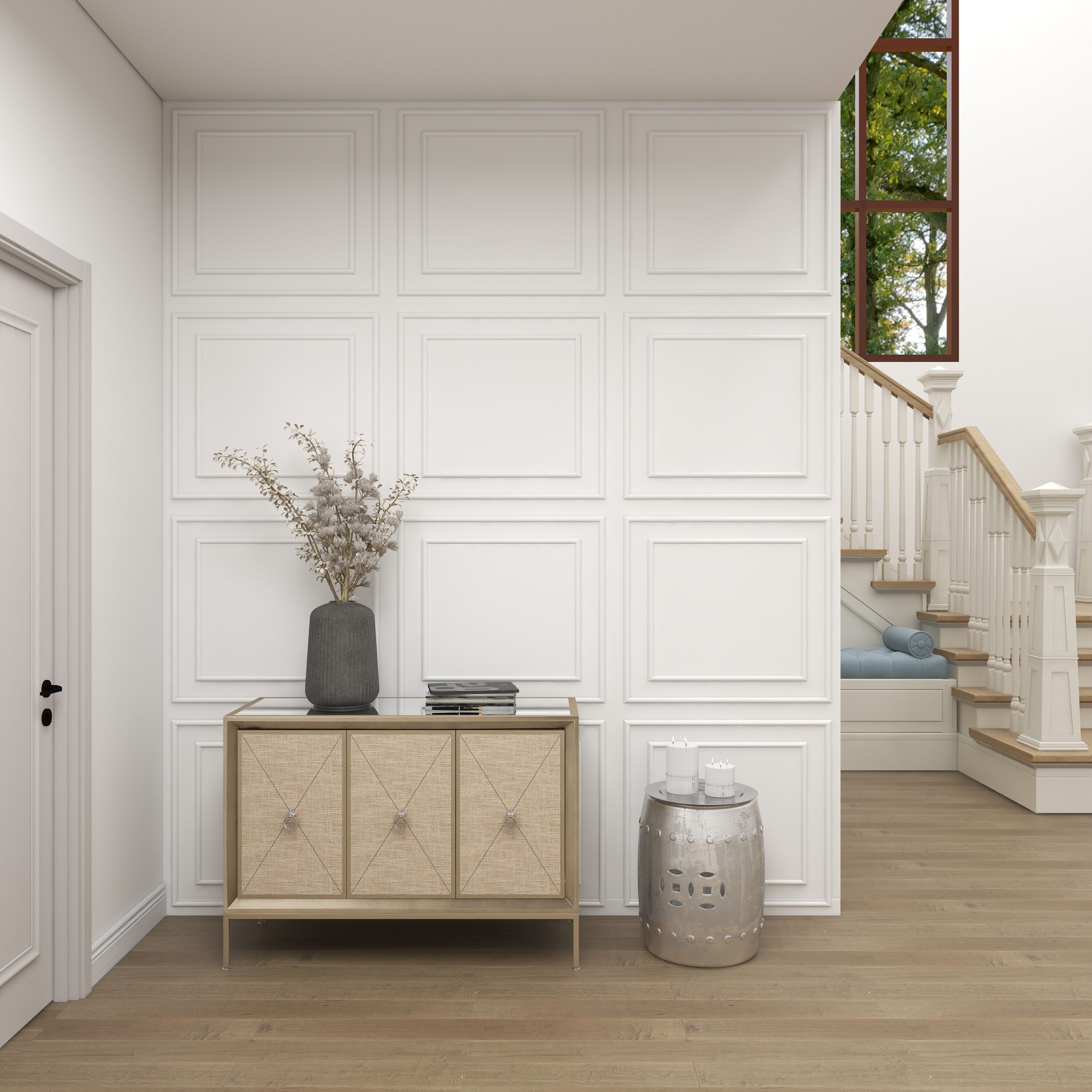 Gray Upholstered 3-Door Cabinet with Mirrored Top and Ring Handles