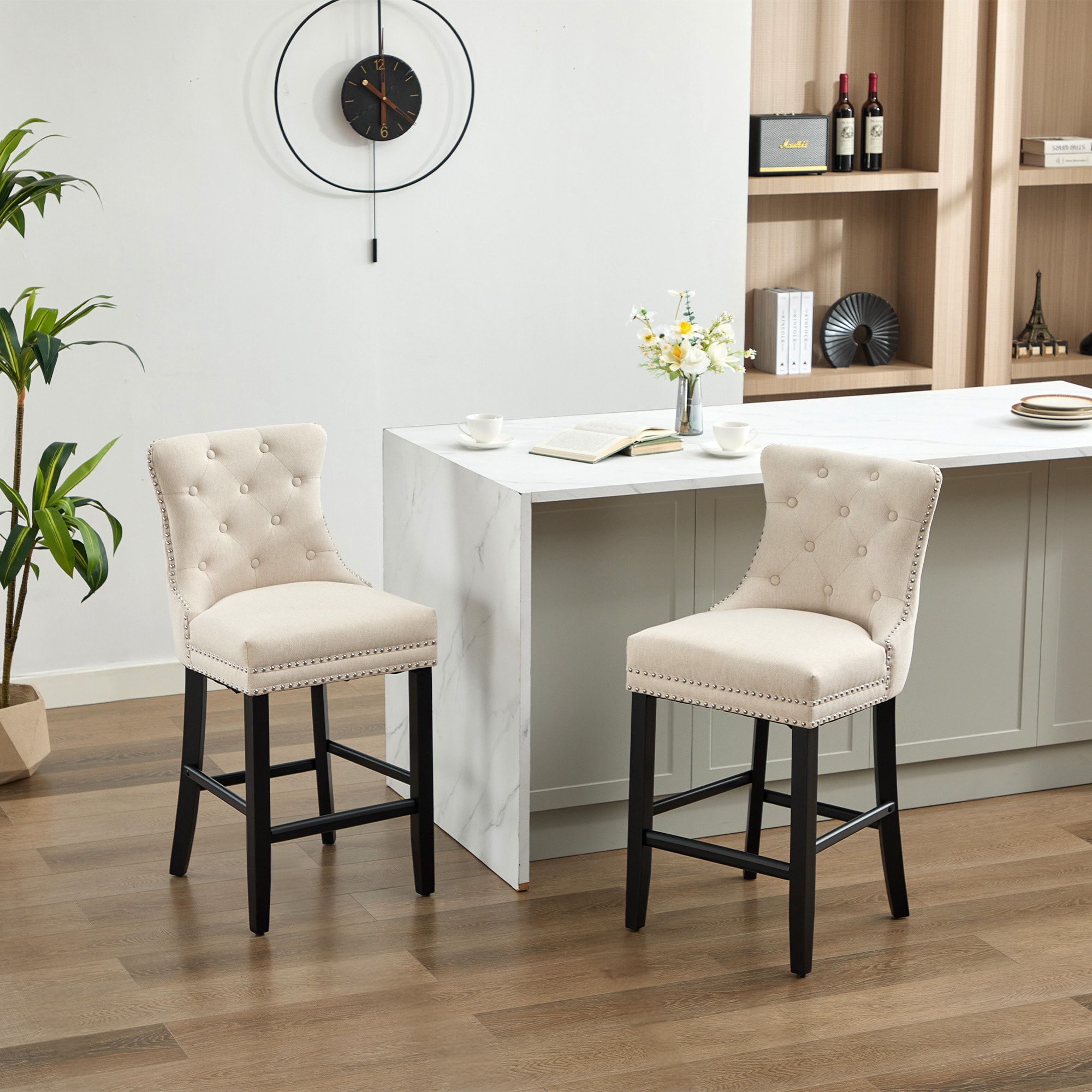 JEAREY HXD-MS Cream 27-Inches H Tall Square seat Upholstered Wood Bar Stool and Back