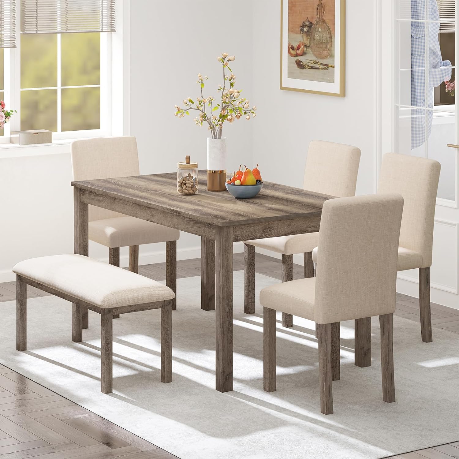 Zevemomo 6 Piece Solid Wood Dining Table Set with 4 Upholstered Chairs ...