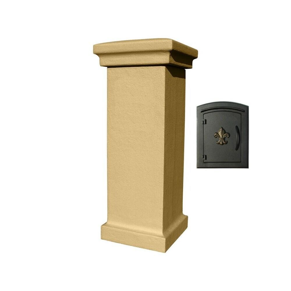 QualArc QUAL1594  MAN-S-STUCOL-1402-BT 48 in. Manchester Stucco Column with Locking Drop Chute Mailbox in Burnt Tuscan Color with Decorative Fleur De Lis Logo