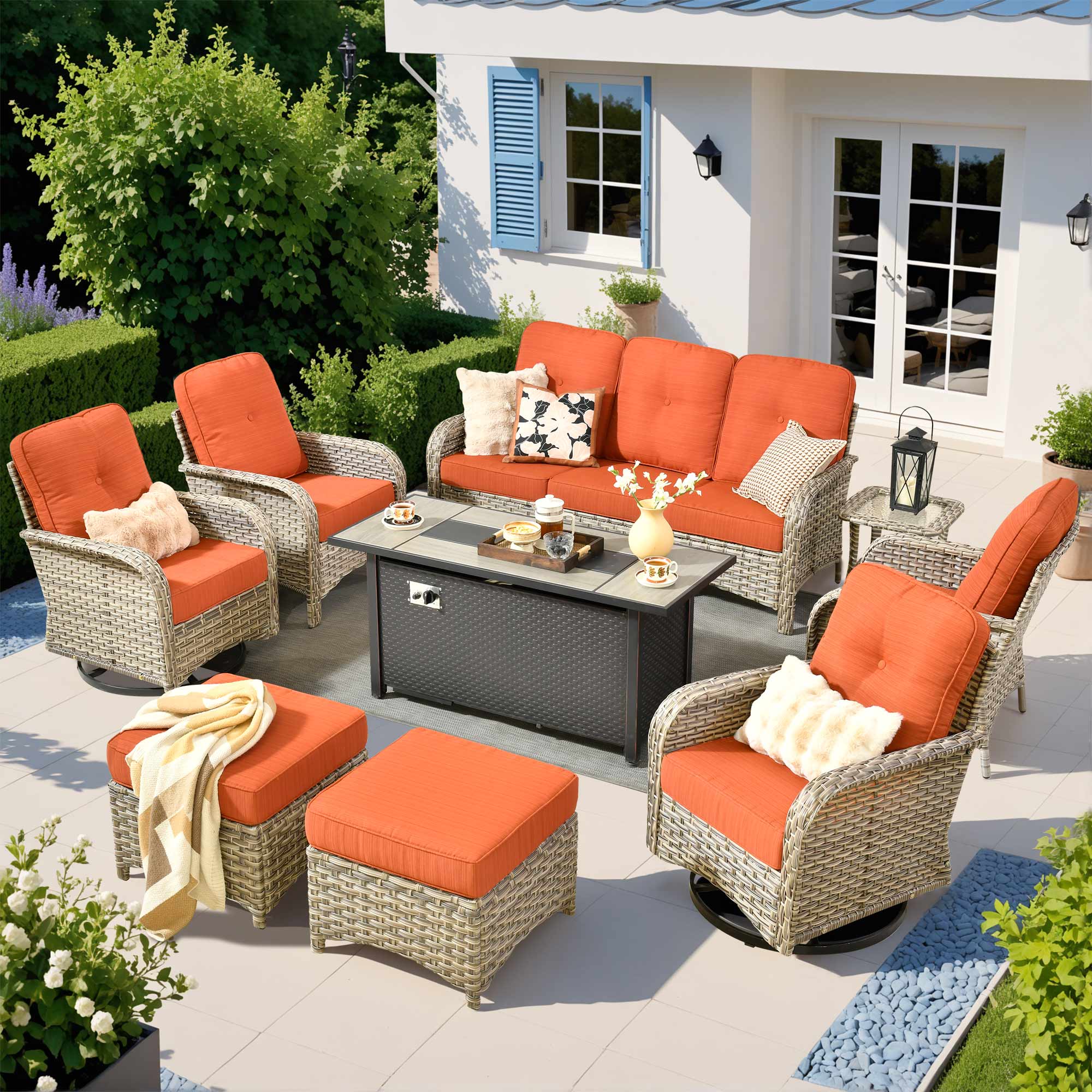 ALTRIGUS LCFP8503YZVNC80091AL 9 -Piece Wicker Patio Sofa Conversation Set with Orange Cushions