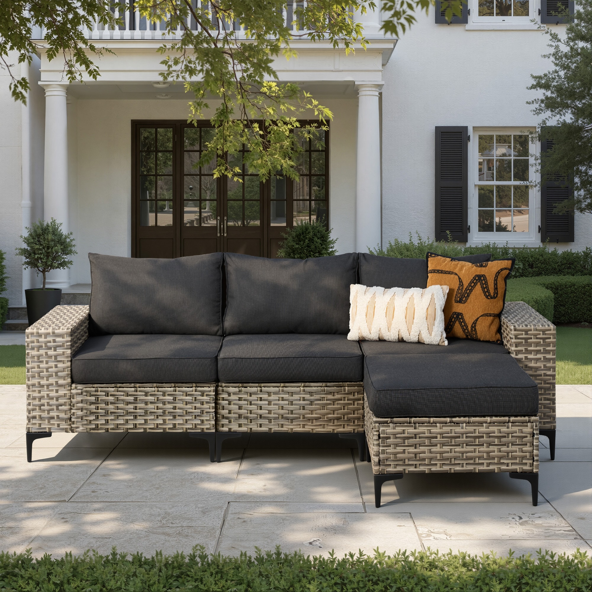 weaxty Veranda Wicker Outdoor Sectional with Black Cushions and Powder-Coated Steel Frame