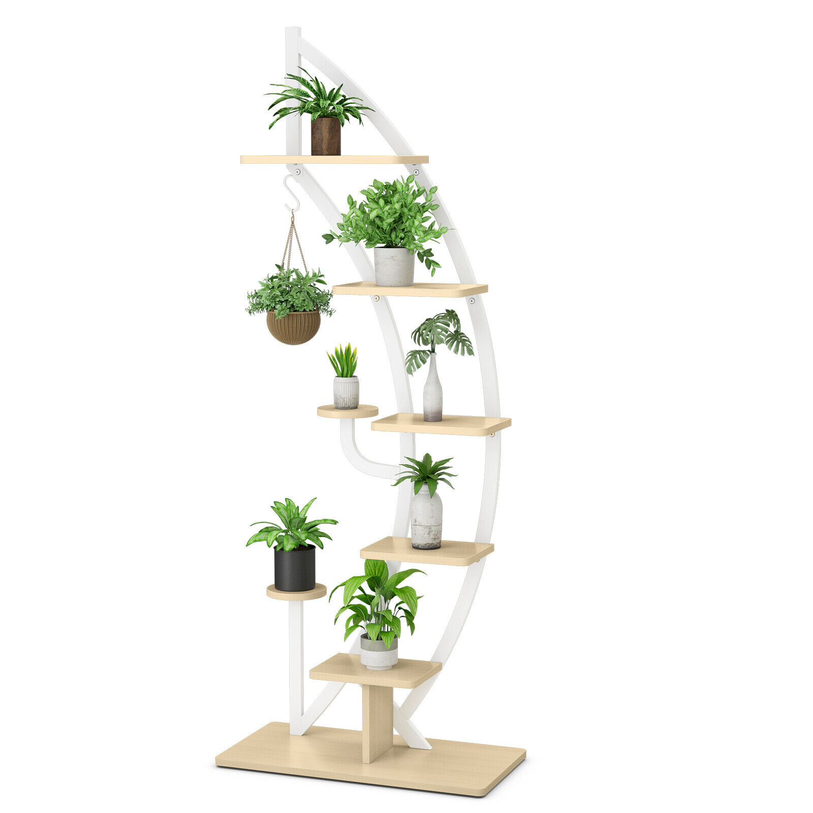 Slickblue D-CO-HW97001ZH Natural/ White 6-Tier Half-Moon Plant Stand with Top Hook 23.5L x 12W x 61H for Living Room or Balcony Display