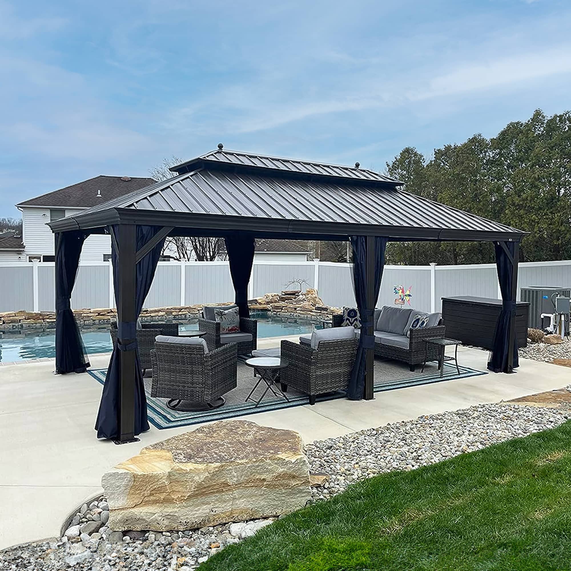 PURPLE LEAF LSMHS1220NB 20-ft x 12-ft Navy Blue Rectangle Gazebo with Hardtop Steel Roof (Screen Included)