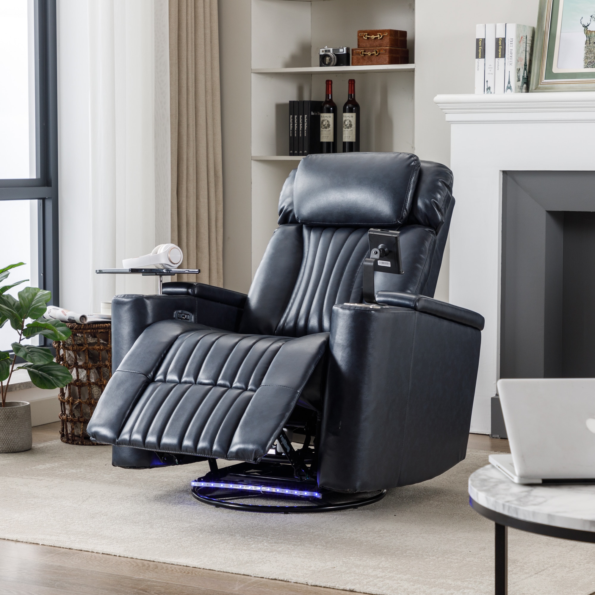 ModernLuxe N719S000750C 270° Power Swivel ReclinerHome Theater Seating With Hidden Arm Storage and  LED Light StripCup Holder360° Swivel Tray Tableand Cell Phone HolderSoft Living Room ChairBlue