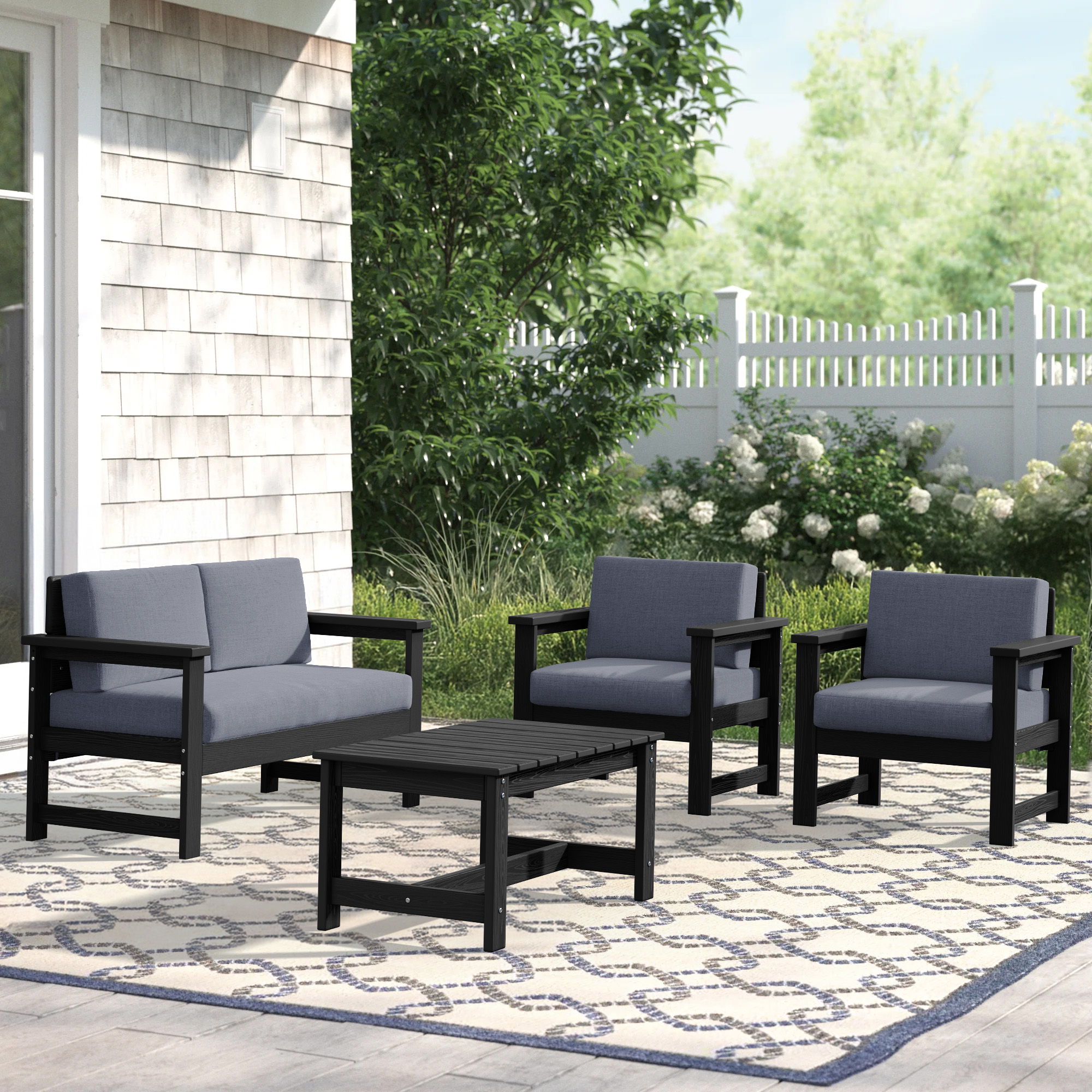 JEAREY PESFJJK-04-BG HDPE Outdoor Sofa Set with Cushions and Coffee Table Outdoor Sectional with Gray Cushions and HDPE Frame