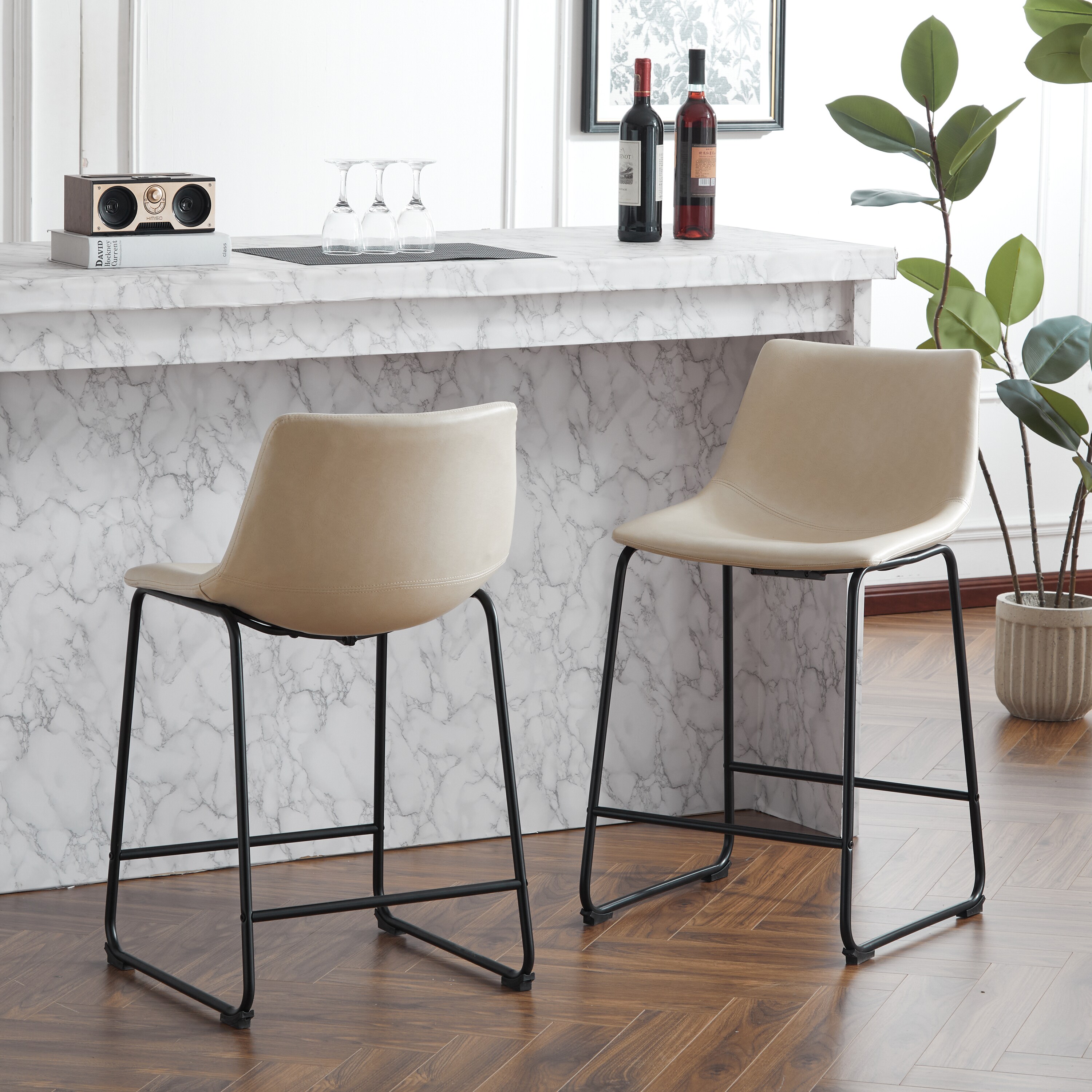 Cream Faux Leather and Black Steel Armless Counter Stools, Set of 2