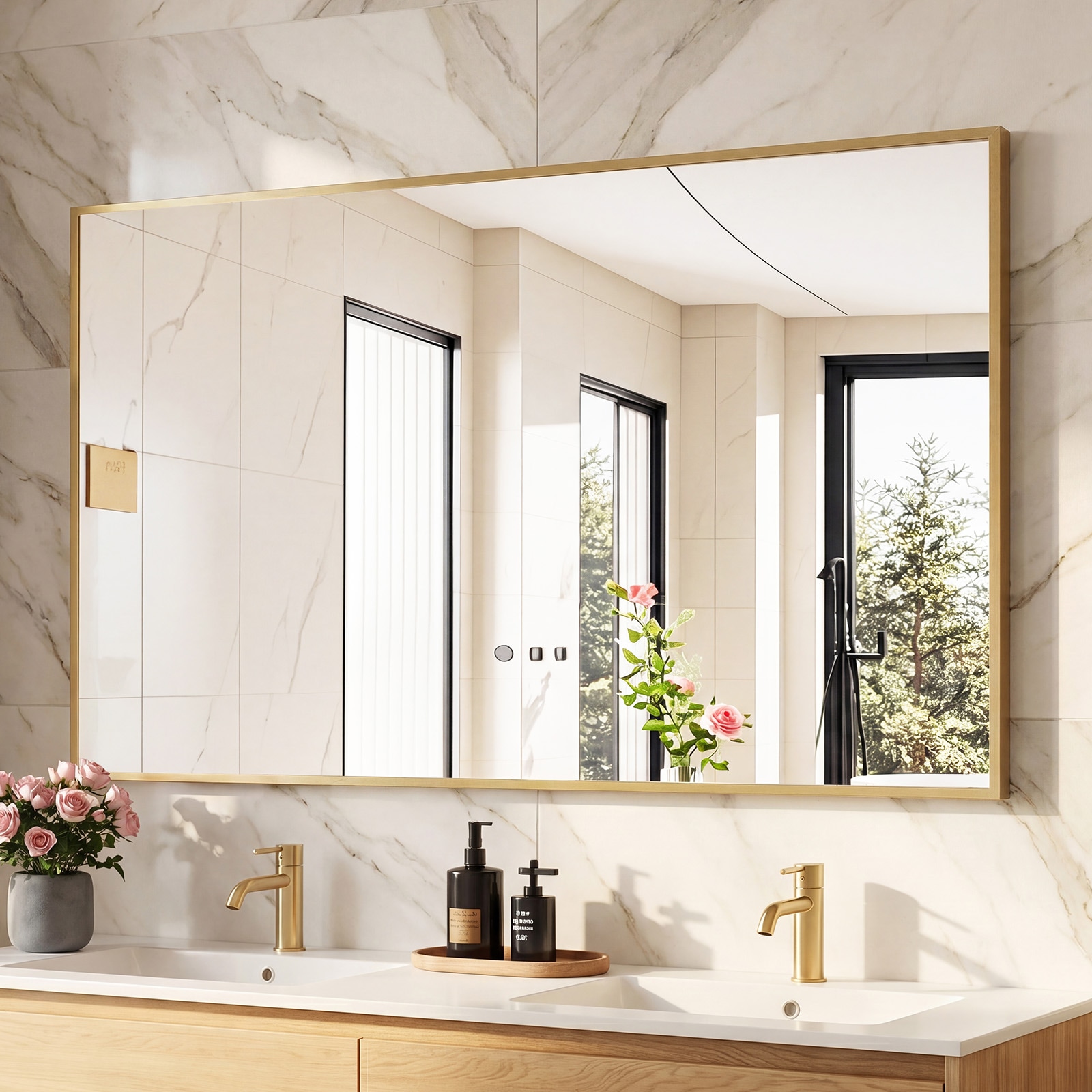 Sweetcrispy 30-in W x 48-in H Gold Modern Rectangle Framed Bathroom Vanity Wall Mirror
