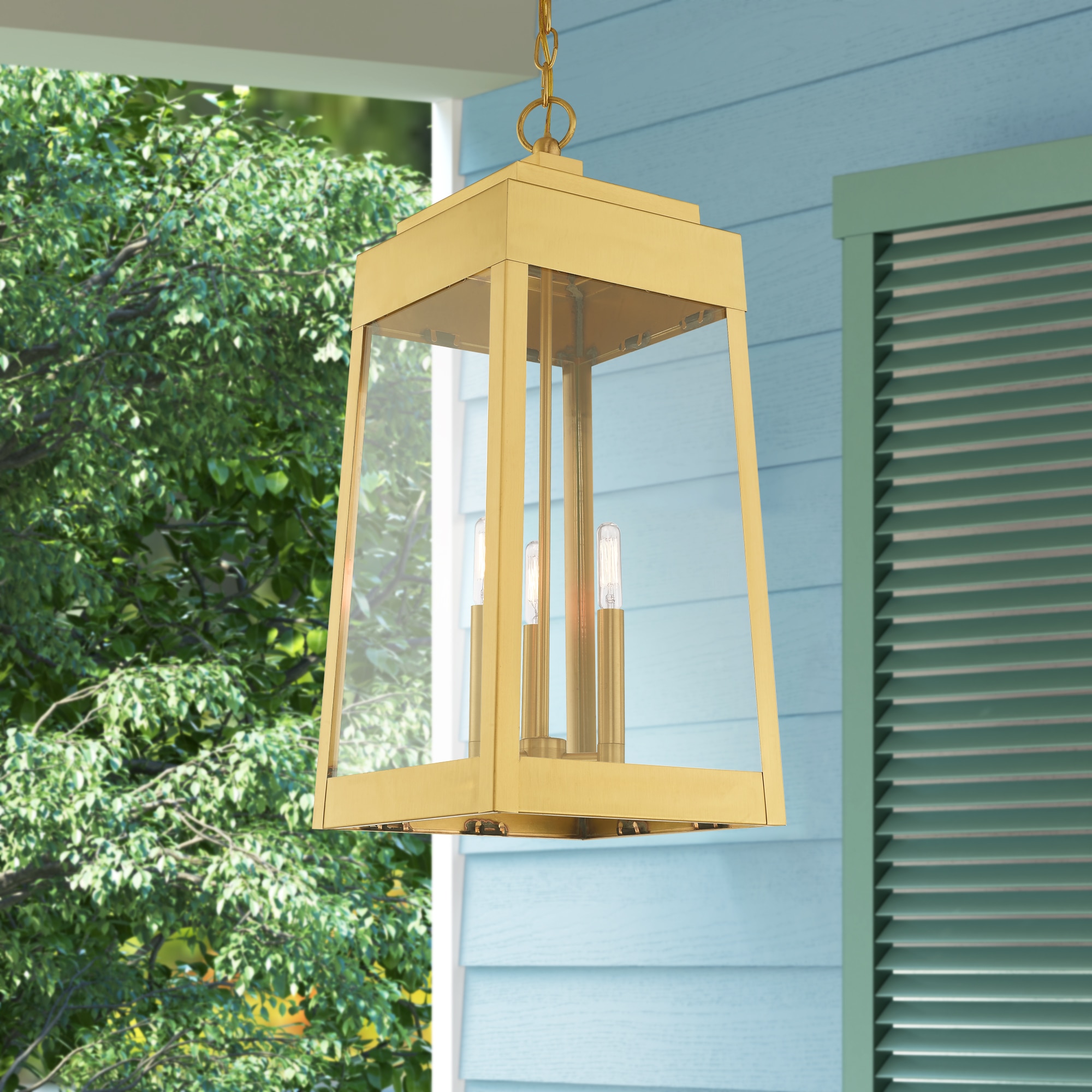 Satin Brass 3-Light Industrial Pendant Lantern with Clear Glass