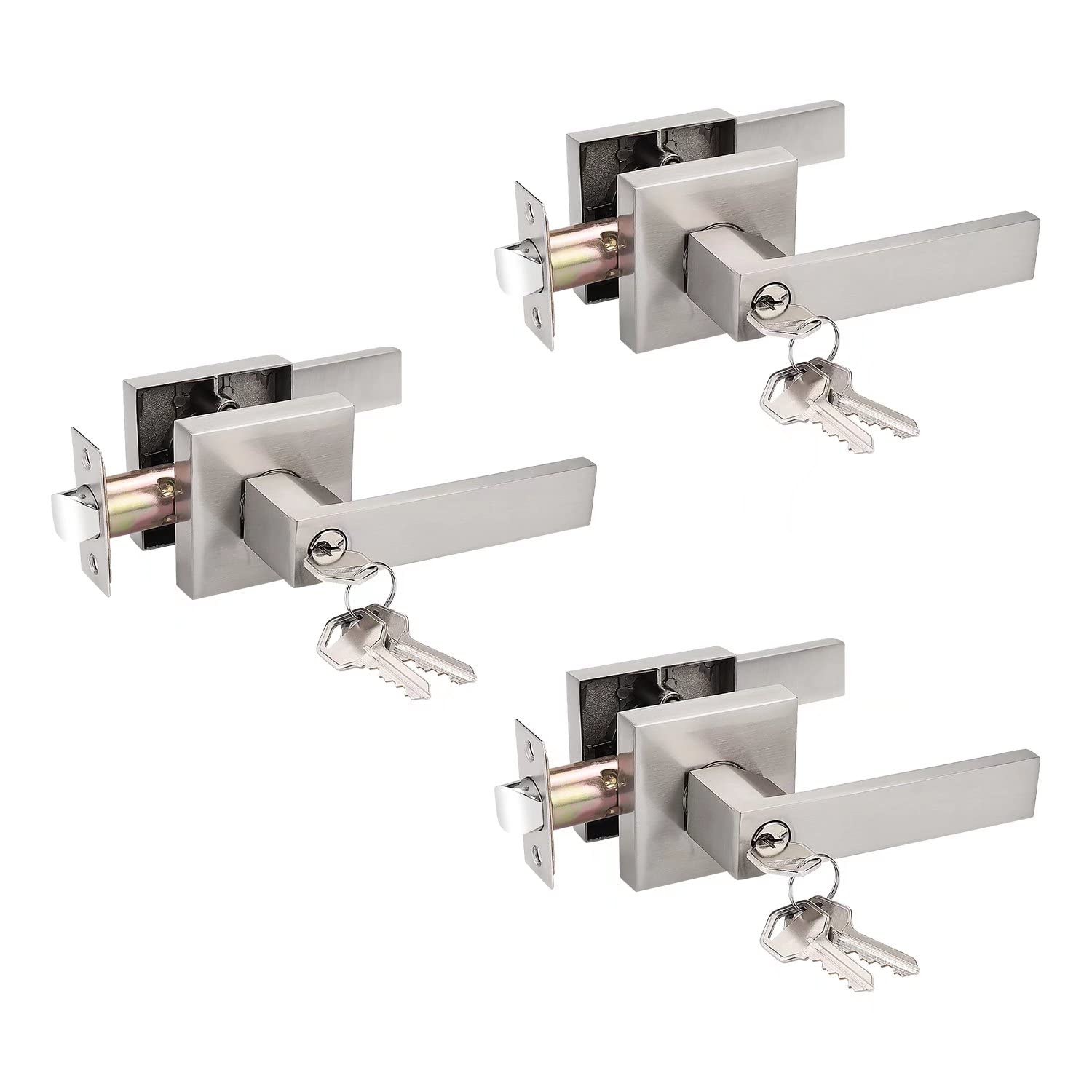 Aoibox  3 Pack Brass Satin Nickel Front Door Handleset With Deadbolt For Front Door And Exterior Entry Projects