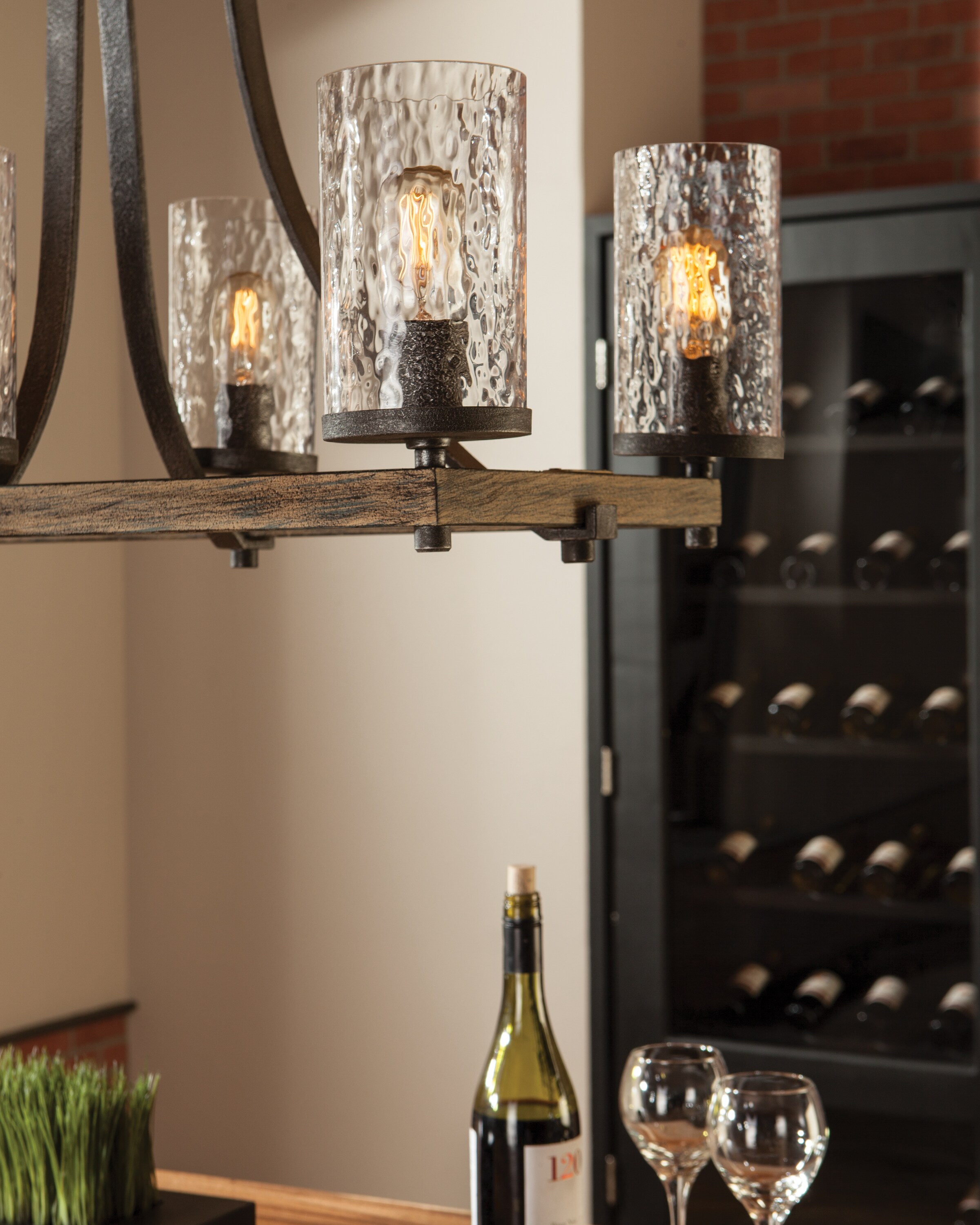 Rustic 8-Light Linear Chandelier in Distressed Weathered Oak and Slate Grey Metal