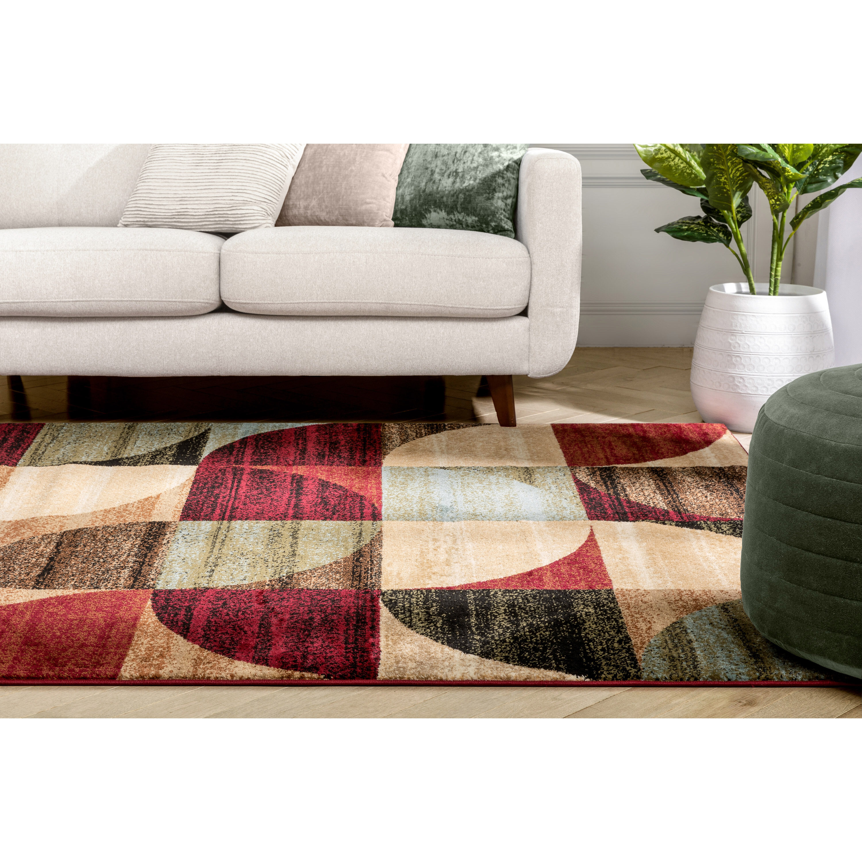 Ivory and Red Geometric Synthetic Rectangular Area Rug