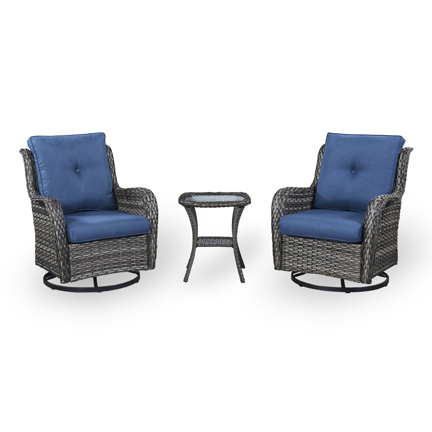 Rilyson FS036-1 Curved handrail 3 -Piece Wicker Patio Conversation Set with Blue Cushions