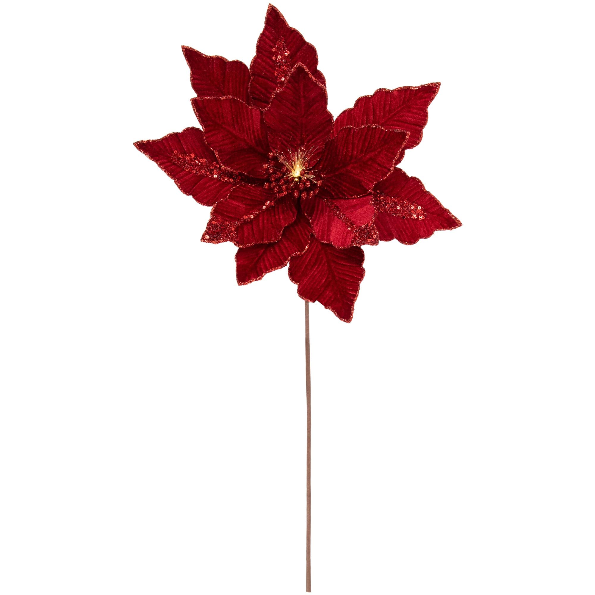 Northlight 20 inch Lighted Red Velvet Poinsettia Christmas Stem Spray