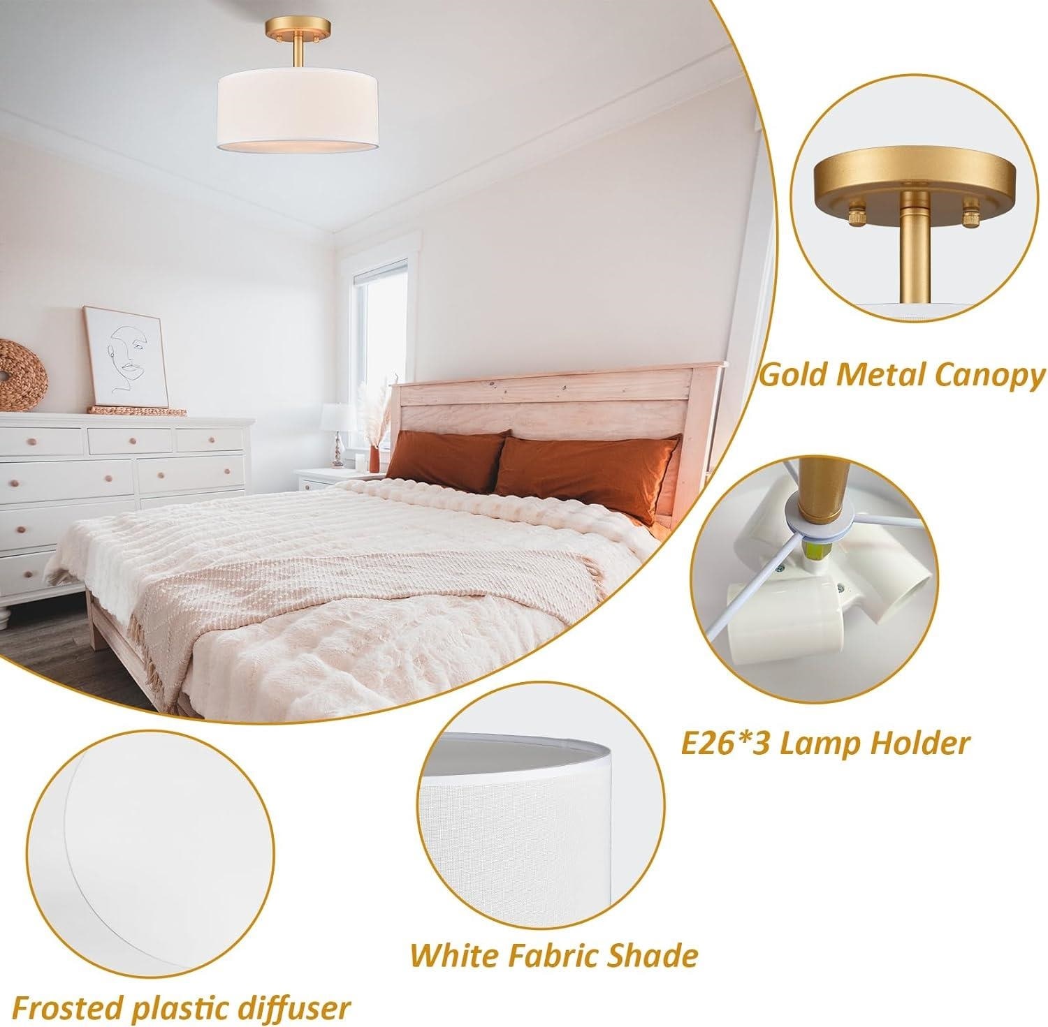 Brushed Brass and White Fabric Drum LED Ceiling Light