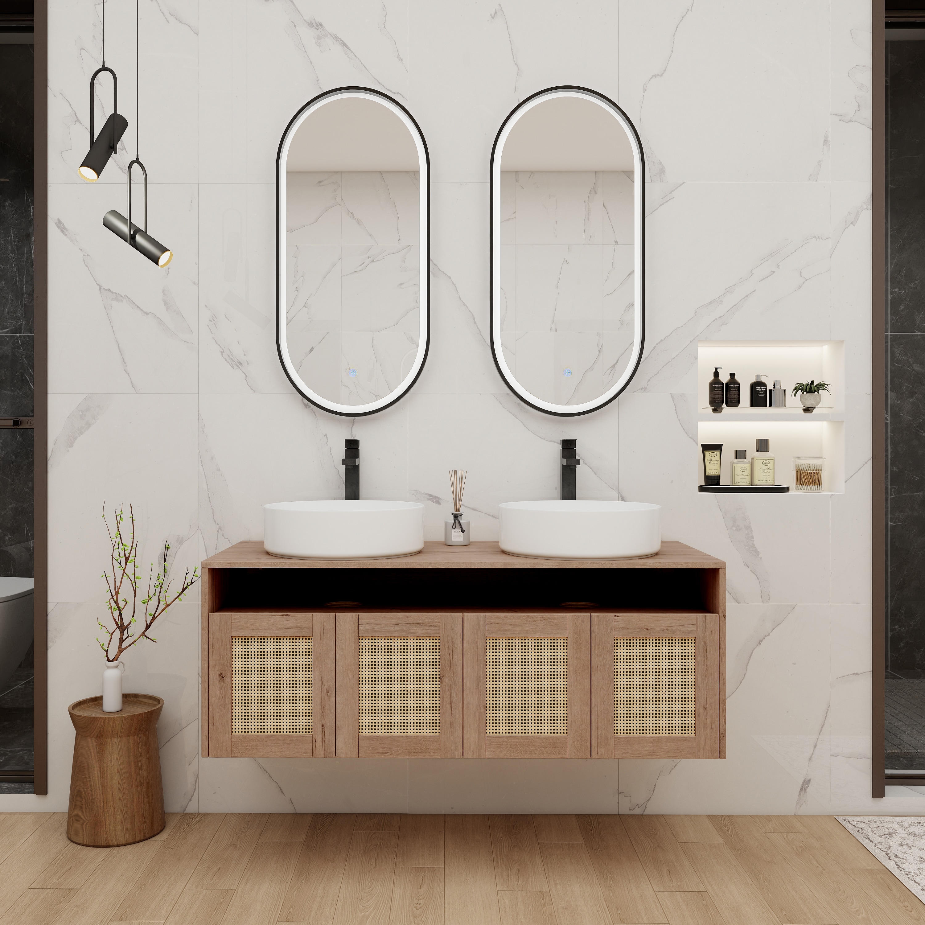 Afhocomp 48 in. Double Sink Wall-mount Imitative Oak Bath Vanity with Biscuit/Bisque Wood TOP White Ceramic Sink