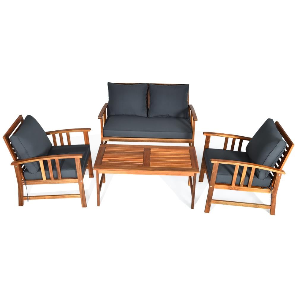 Costway HW62425+ Outdoor Sofa with Brown Cushions and Acacia Frame