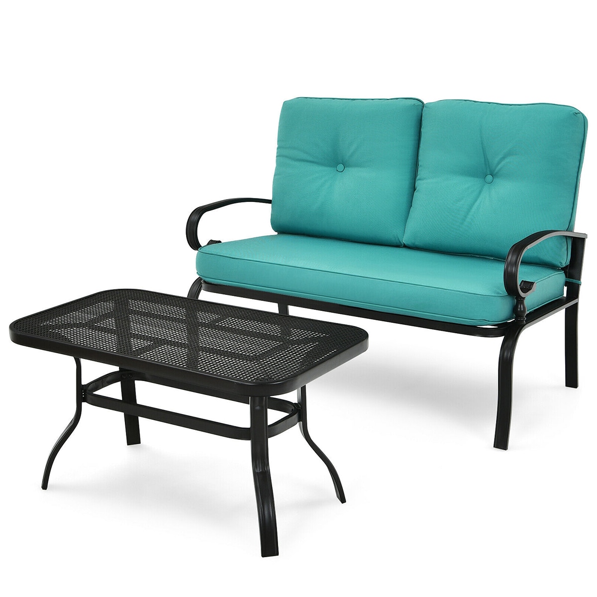 WELLFOR TDZN10179TU Outdoor Loveseat with Blue Cushions and Steel Frame
