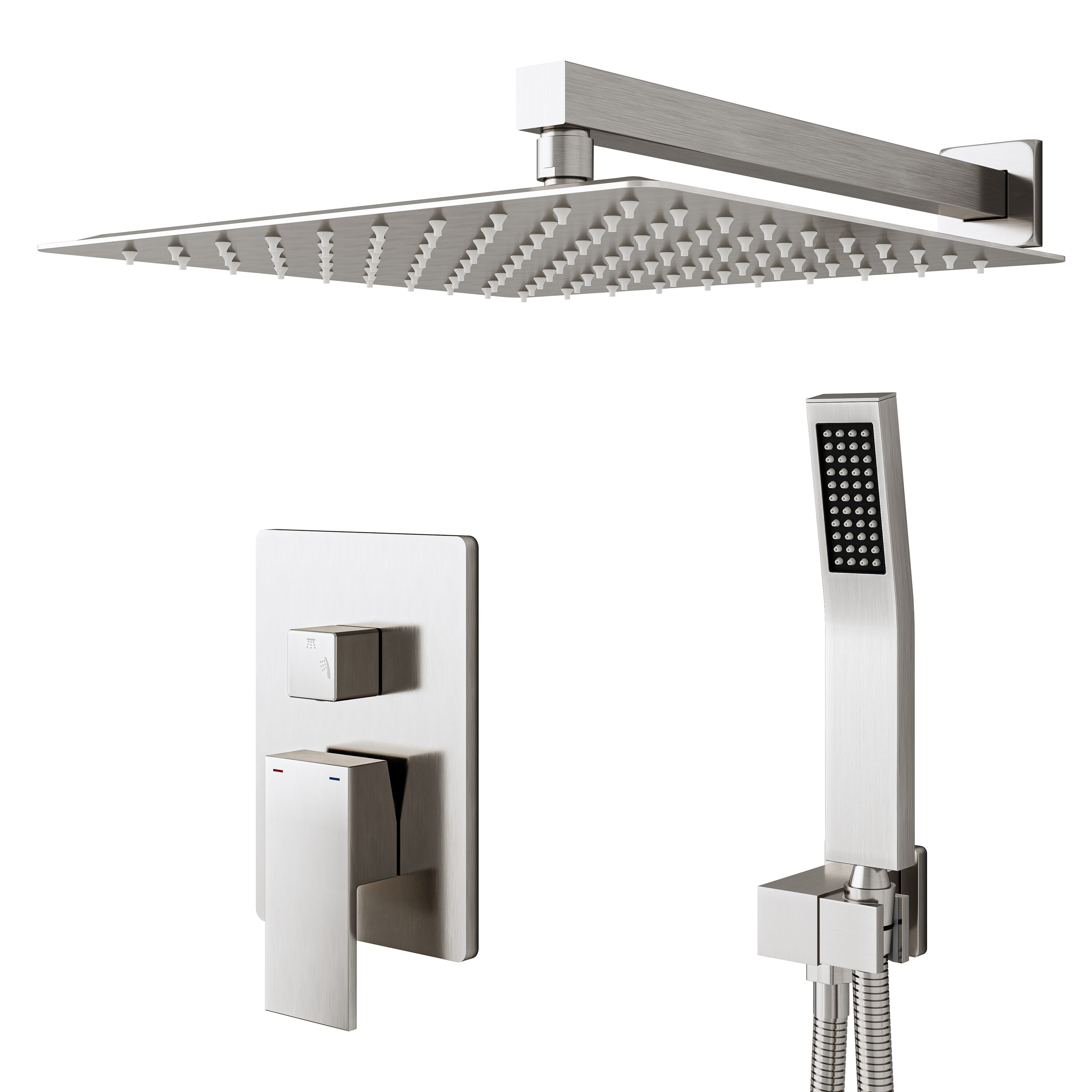 WELLFOR DTG-803S12BN DT 12-in Rain Waterfall Wall Mounted Shower System Brushed Nickel 1-handle Multi-head 12-in Square Shower Faucet with Valve