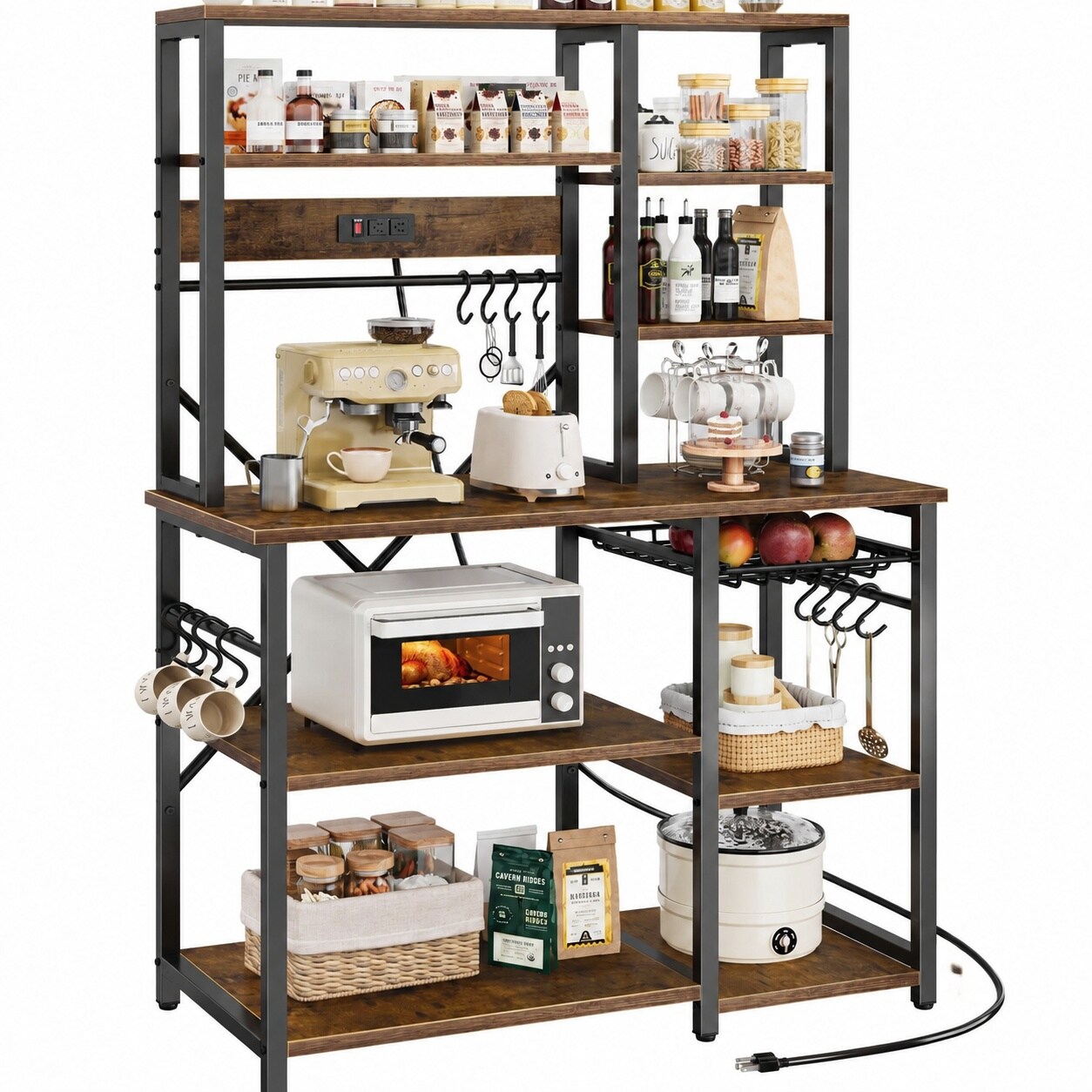 KIWDZFU  Large 6 Tier Kitchen Bakers Rack with Power Outlets Microwave Stand Coffee Bar Storage Shelf with Hooks and Basket Rustic Brown 39 x 15