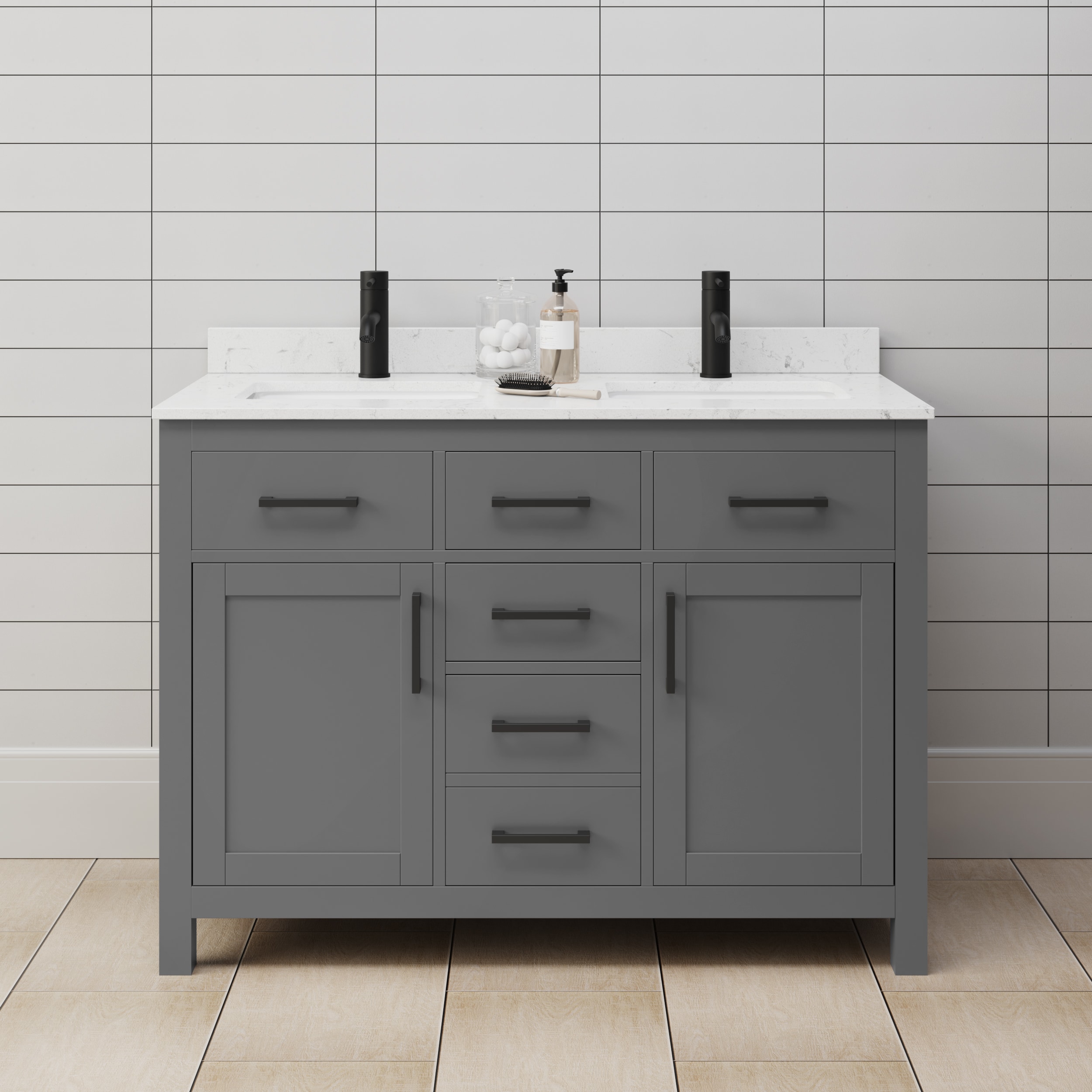 Wyndham Collection WCG242448DGBCCUNSMXX Beckett 48-in Dark Gray with Matte Black Trim Undermount Double sink Bathroom Vanity with Carrara Cultured Marble Cultured marble Top