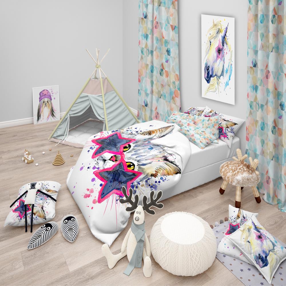 Cute Kitten with Blue Stars Microfiber Full/Queen Duvet Cover Set