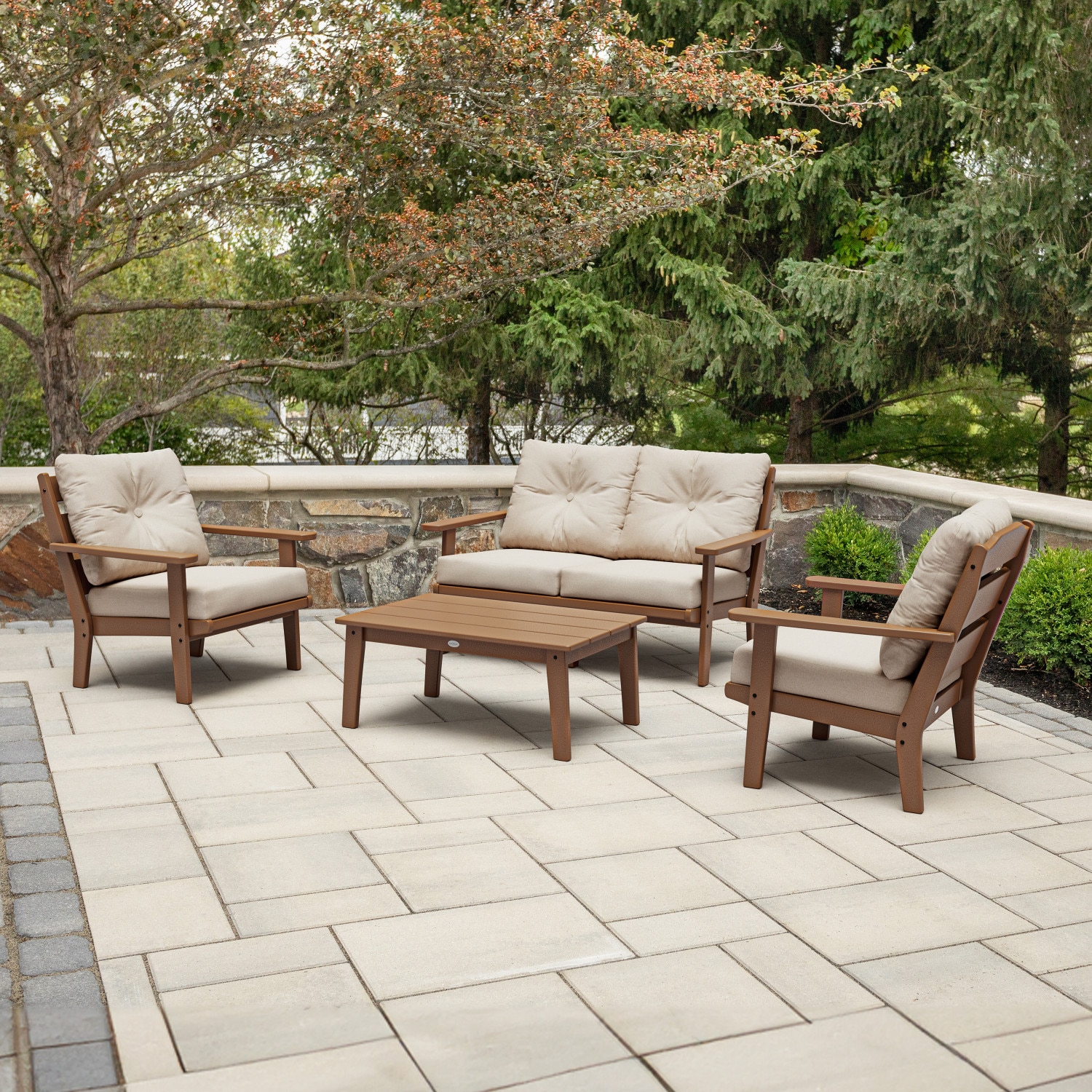 allen + roth by POLYWOOD PWS731-2-TE145999 Oakport 4 -Piece Patio Conversation Set with Tan Revolution Cushions