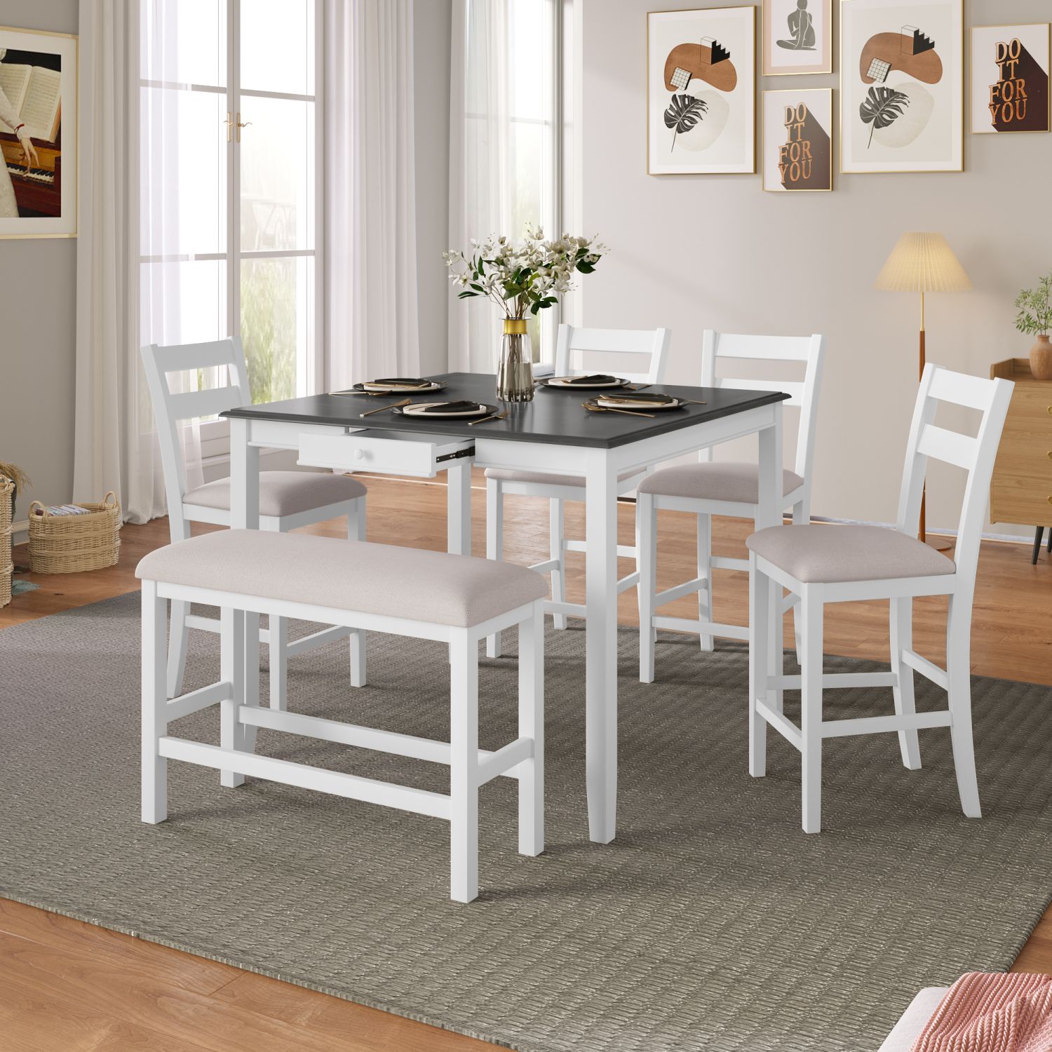 JASMODER SP000001AAK Wood 6-Piece Dining Table Set With Storage Drawer, Counter Height Square Kitchen Set With Upholstered Chair And Bench, White