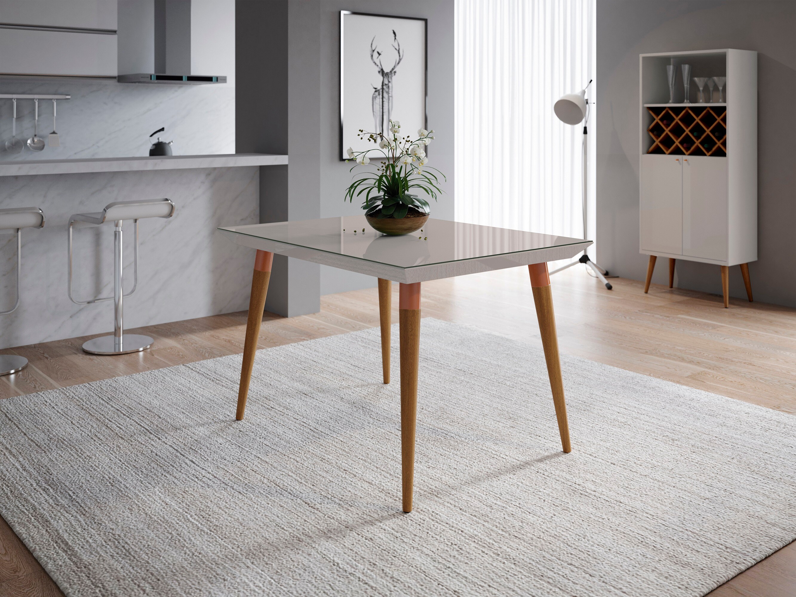 Manhattan Comfort 107352 Utopia Off White and Maple Cream Contemporary/Modern Dining Table, Glass top with Gloss Composite 47.24-in L x 30.31-in H