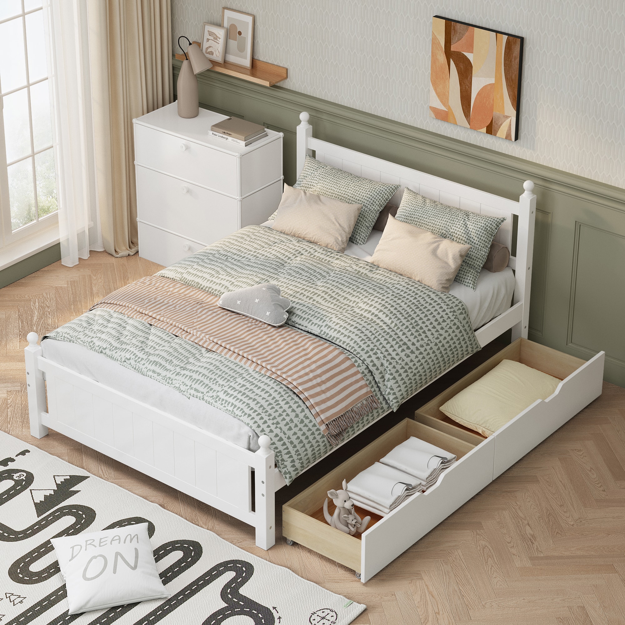 Clihome WM-MF192387AAK White Full Wood Platform Bed with Storage