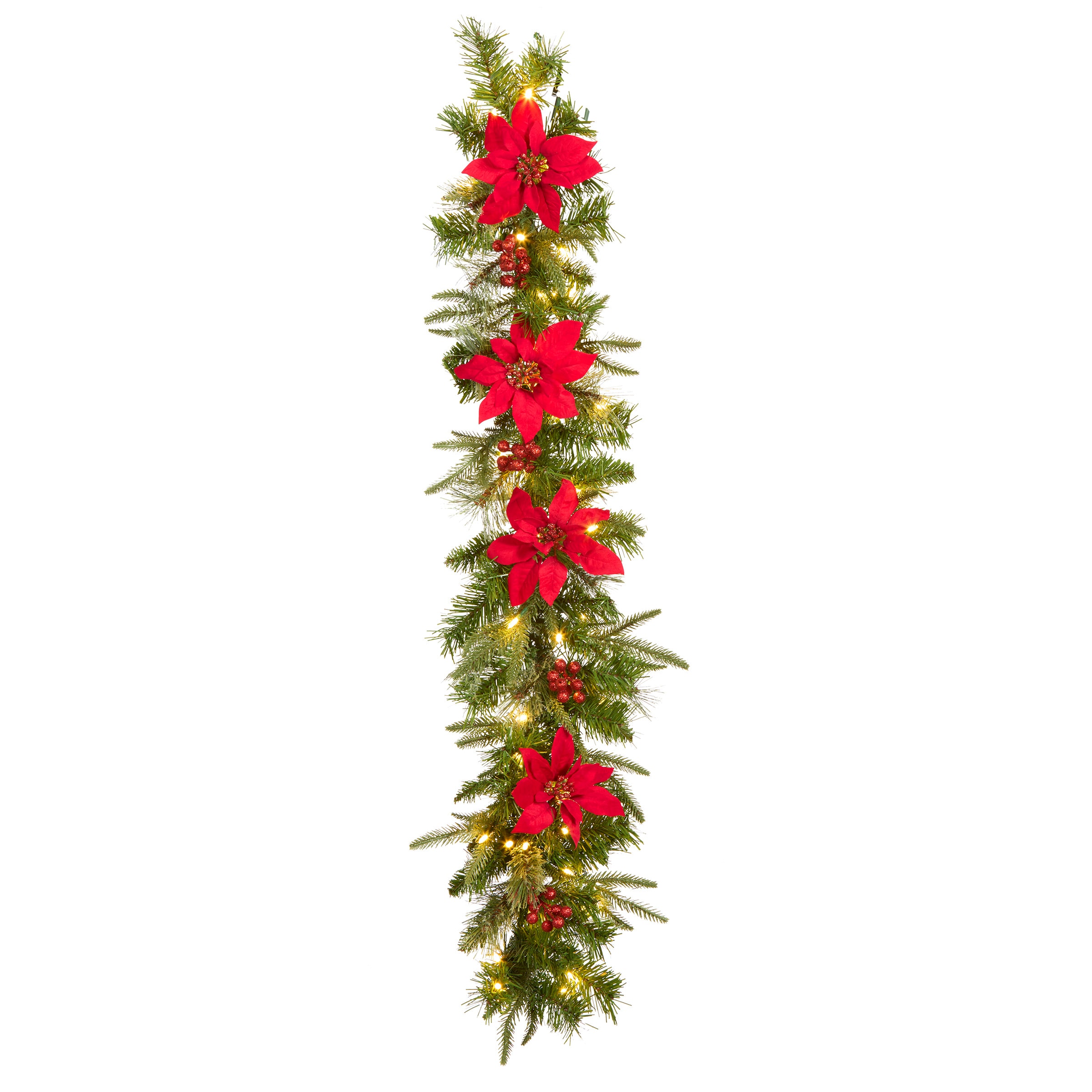 National Tree Company QPECO8-301-4A-B Indoor/Outdoor Pre-lit Battery-operated 4-Feet Poinsettia Artificial Garland with White LED Lights