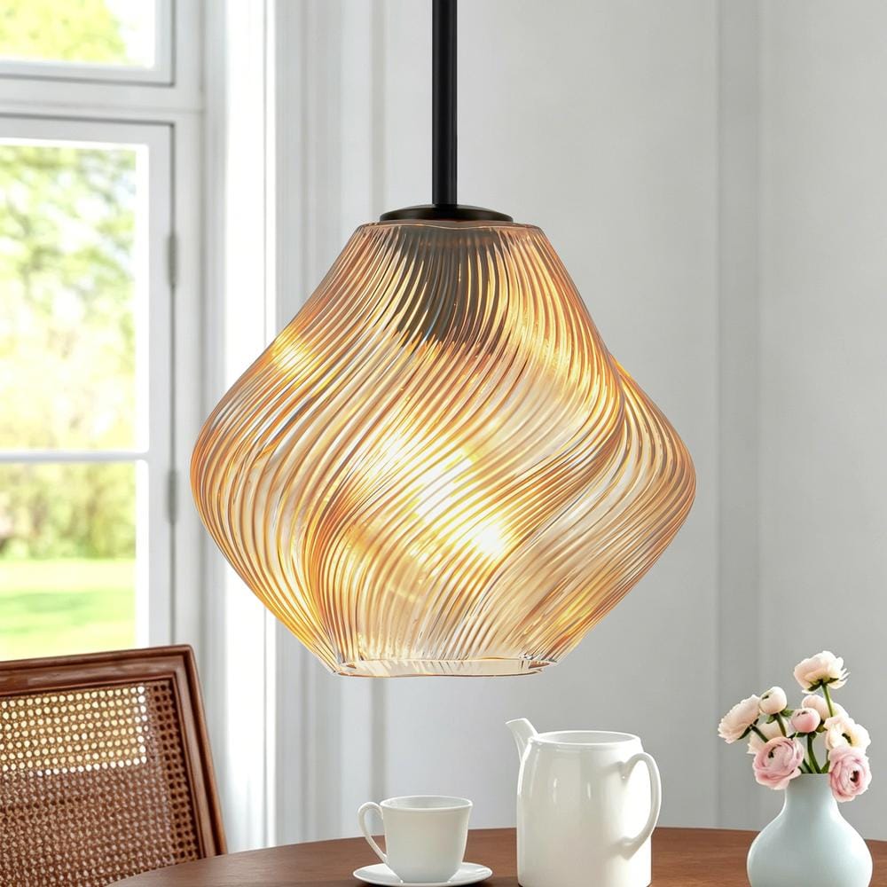 Henveton Jasslynn 9.05in.1-Light Modern Black Industrial Pendant Light with Amber Spiral Glass Shade for KitchenIsland Bedroom