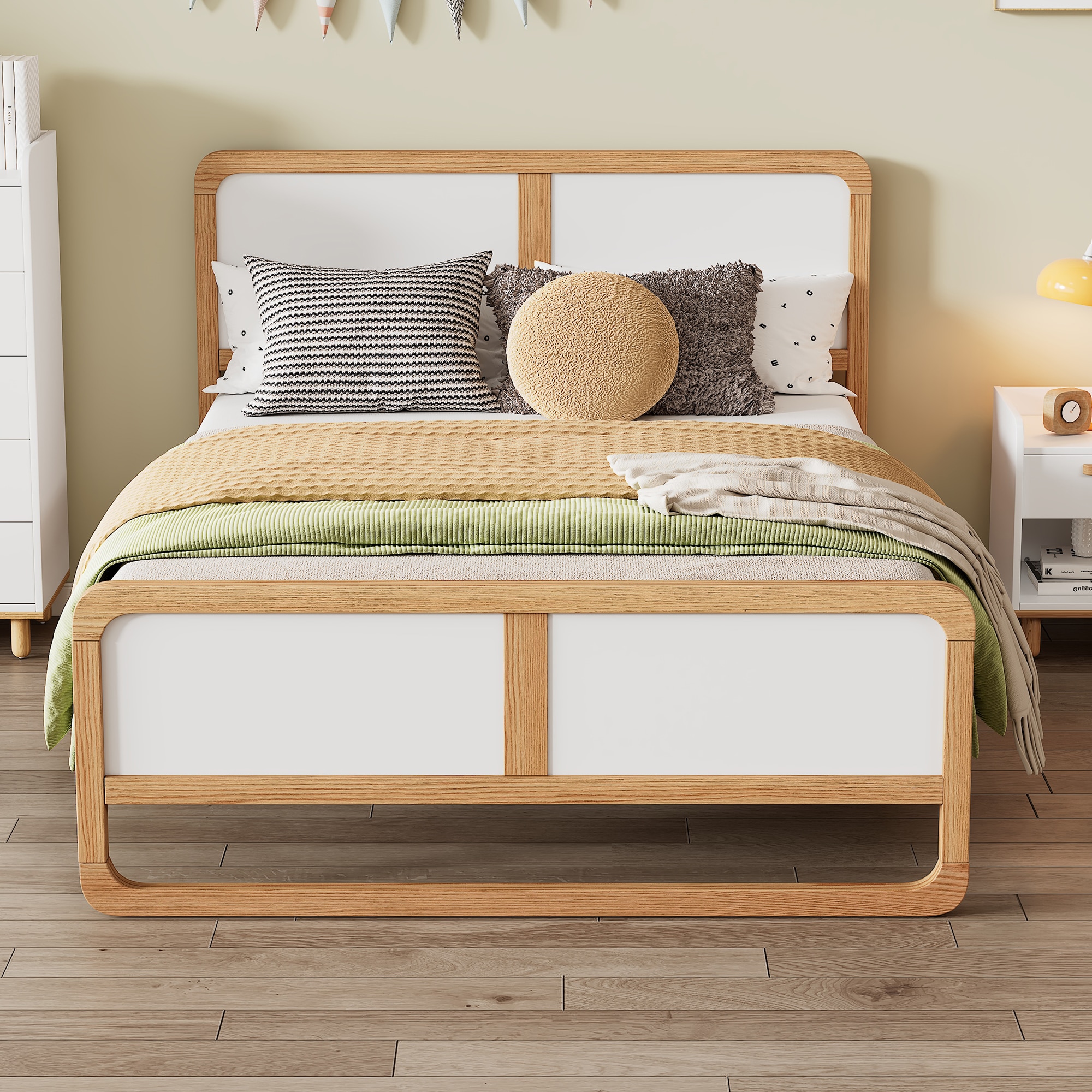 ModernLuxe WF530456AAK Modern Style Queen Size Solid Wood Platform Bed for  KidsTeensAdultsNo Need Box SpringWalnut and White