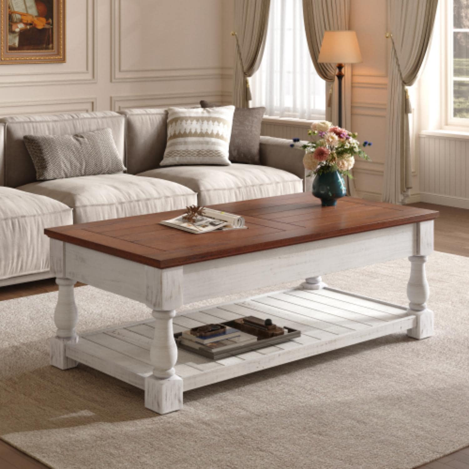 GDFStudio 47.24 in. Brown Rectangle Shape Wood Retro Lift-Top Coffee Table with Hidden Compartment