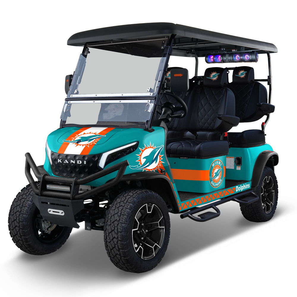 KANDI NFL4PROF-MIA Miami Dolphins, 4 Seat Electric Golf Cart with Lithium Battery, Max Speed 20 MPH, NFL Licensed